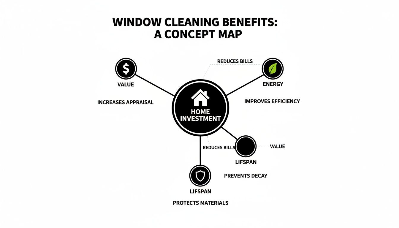Concept map illustrating window cleaning benefits as a home investment, detailing improved value, energy efficiency, and extended lifespan.