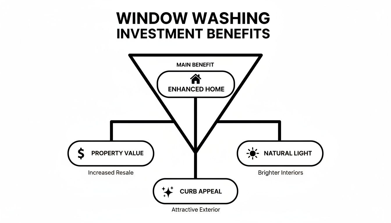 A diagram illustrates window washing investment benefits: enhanced home, leading to increased property value, natural light, and improved curb appeal.