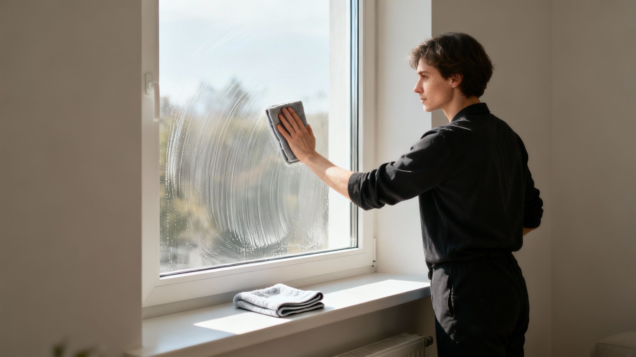 A person in dark clothes cleaning a window with a grey cloth, leaving soapy residue.