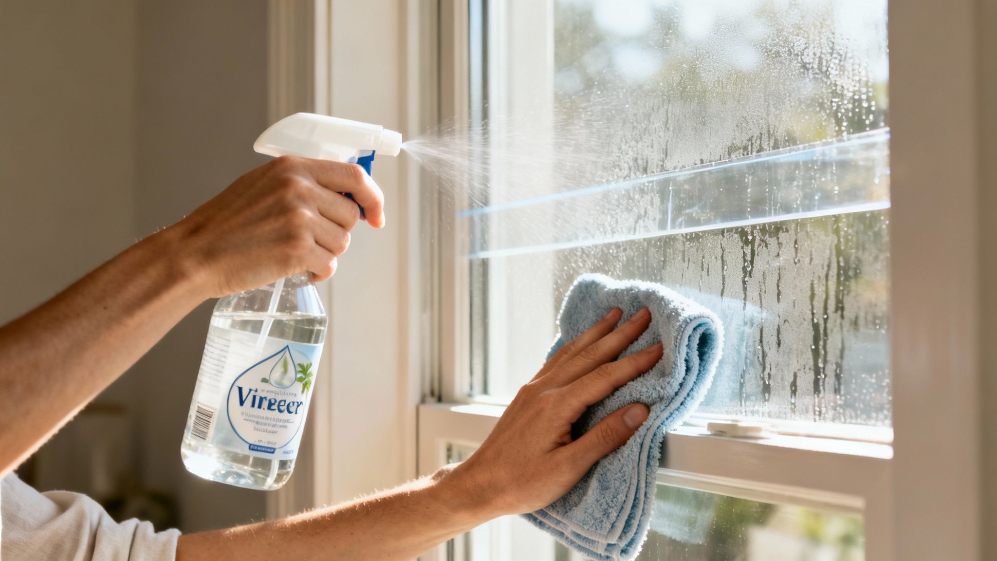 A person's hands cleaning a window with a spray bottle and a blue microfiber cloth.