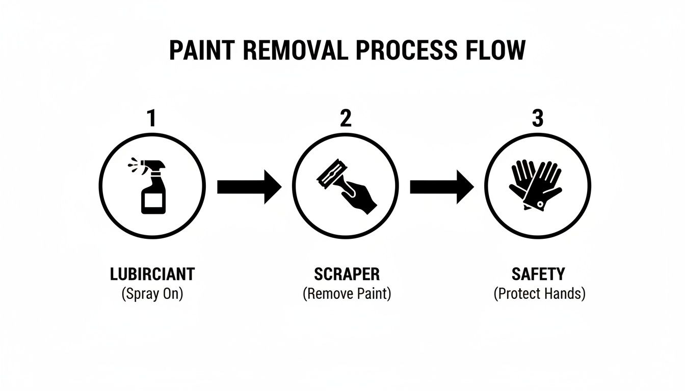 Flowchart illustrating the paint removal process: apply lubricant, scrape paint, and wear safety gloves.