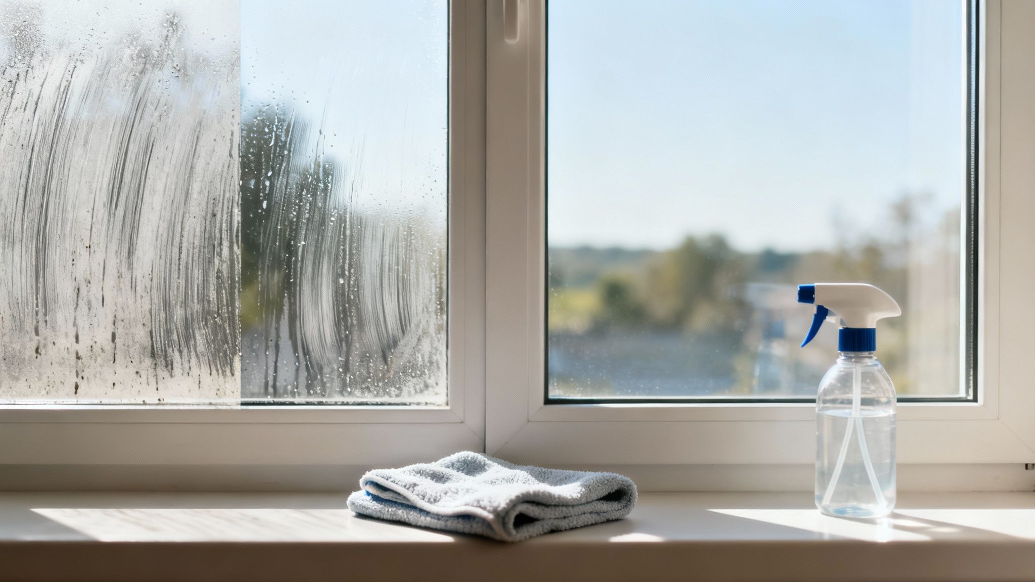 A person's hands mixing a DIY window washing solution in a clear spray bottle, with vinegar and a sponge nearby.