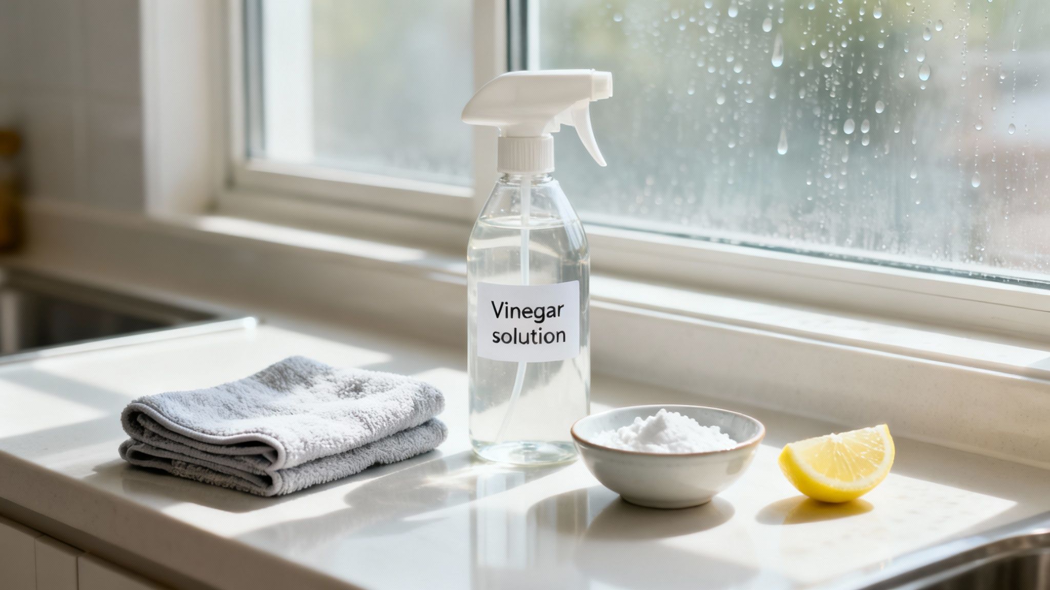 Natural cleaning supplies, including vinegar spray, baking soda, lemon, and cloths, on a counter by a window.