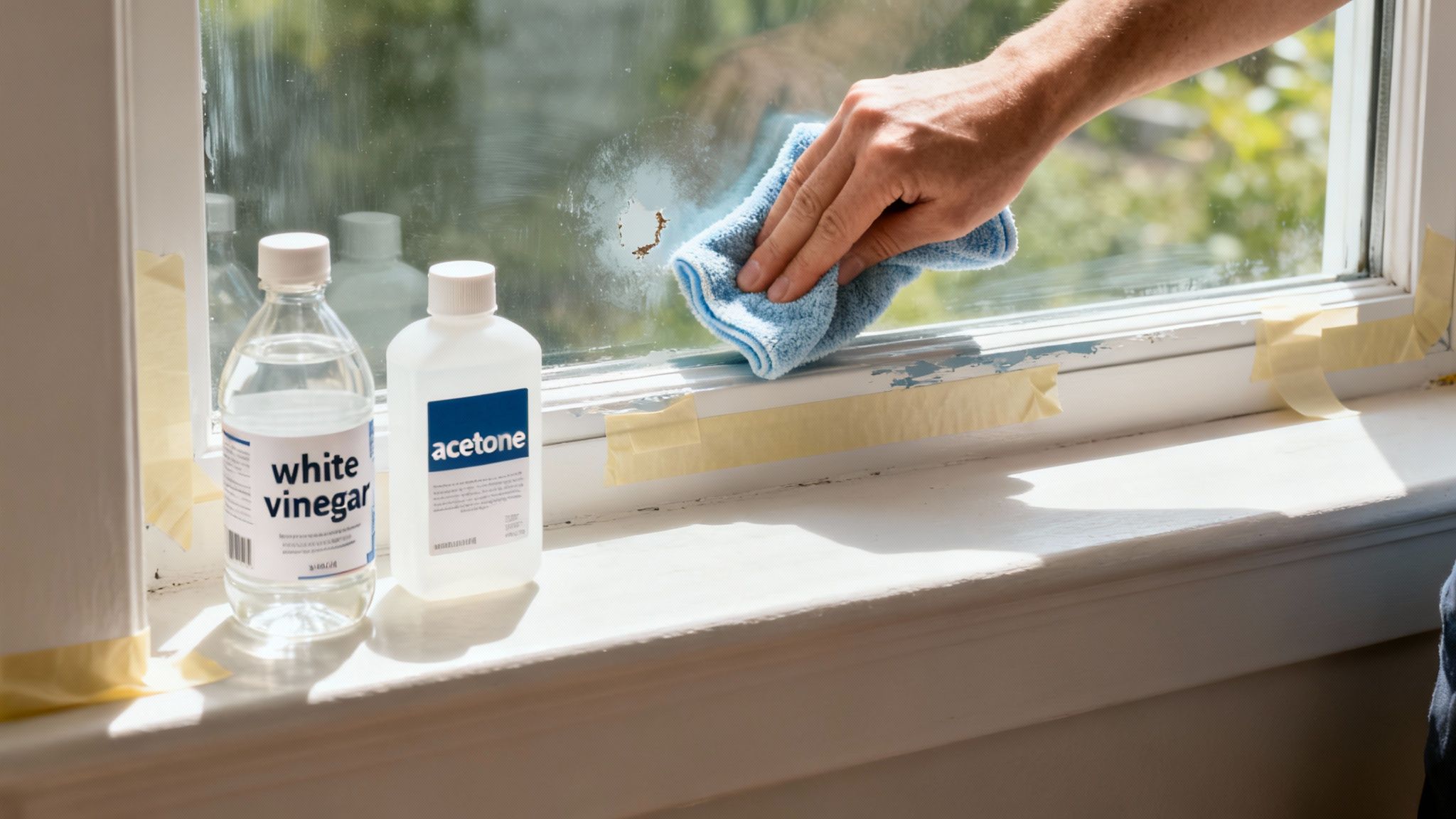 A hand cleans paint off a glass window with a blue cloth, white vinegar and acetone bottles on the sill.