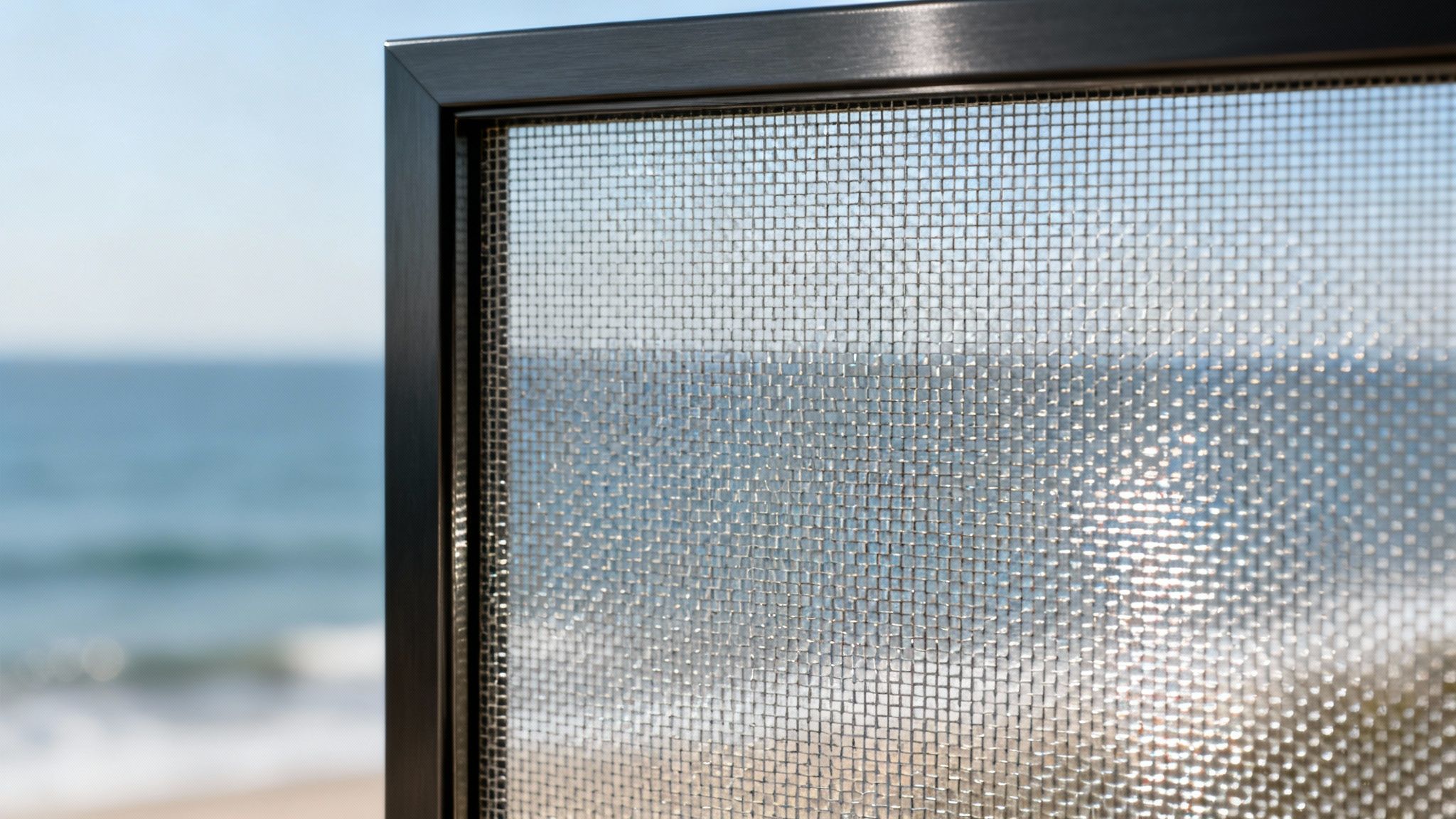 Close-up of a window screen mesh with a dark frame and a blurry ocean beach view behind it.