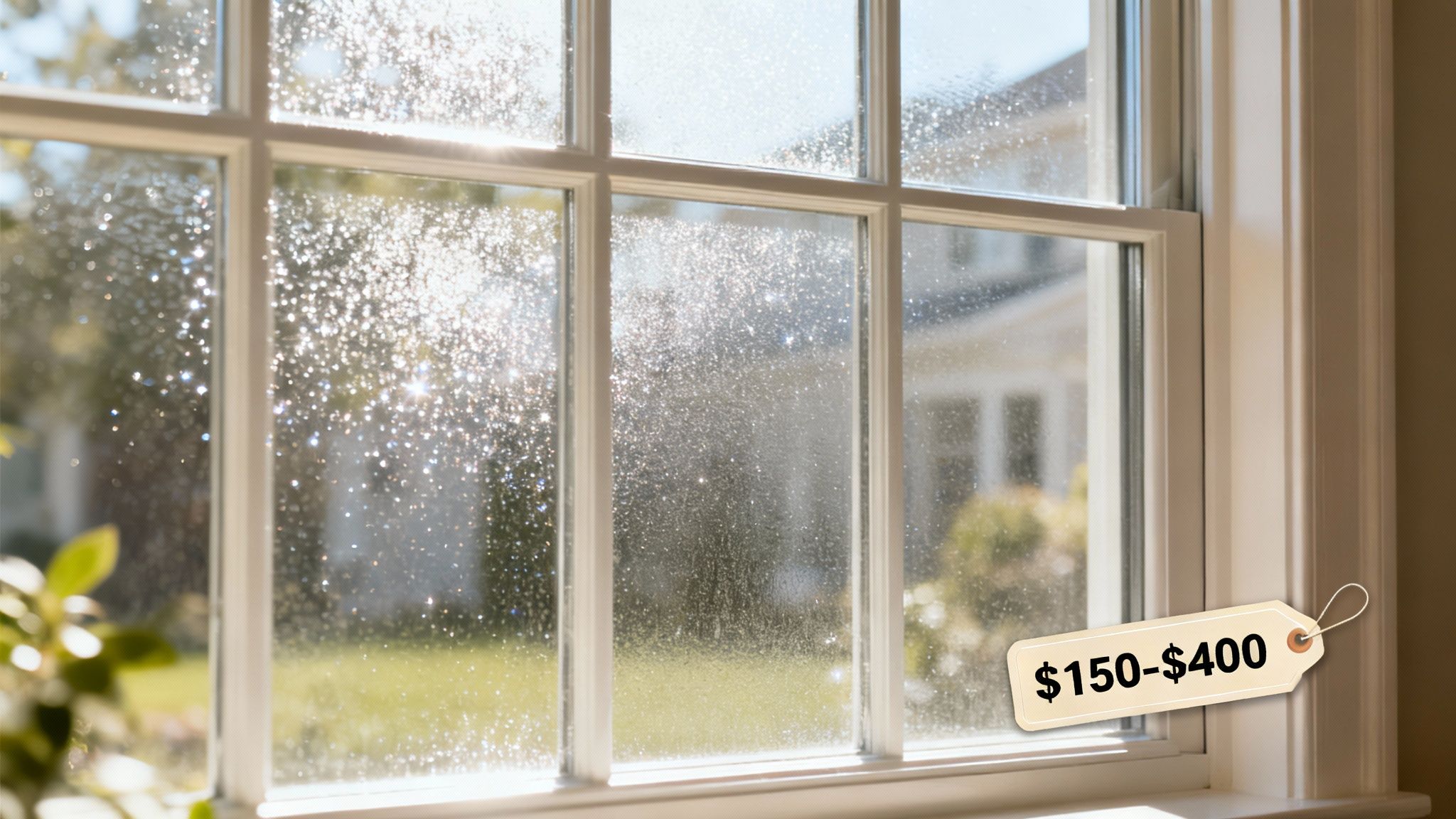 A professional window cleaner using a squeegee on a large residential window, with a bucket and tools nearby.