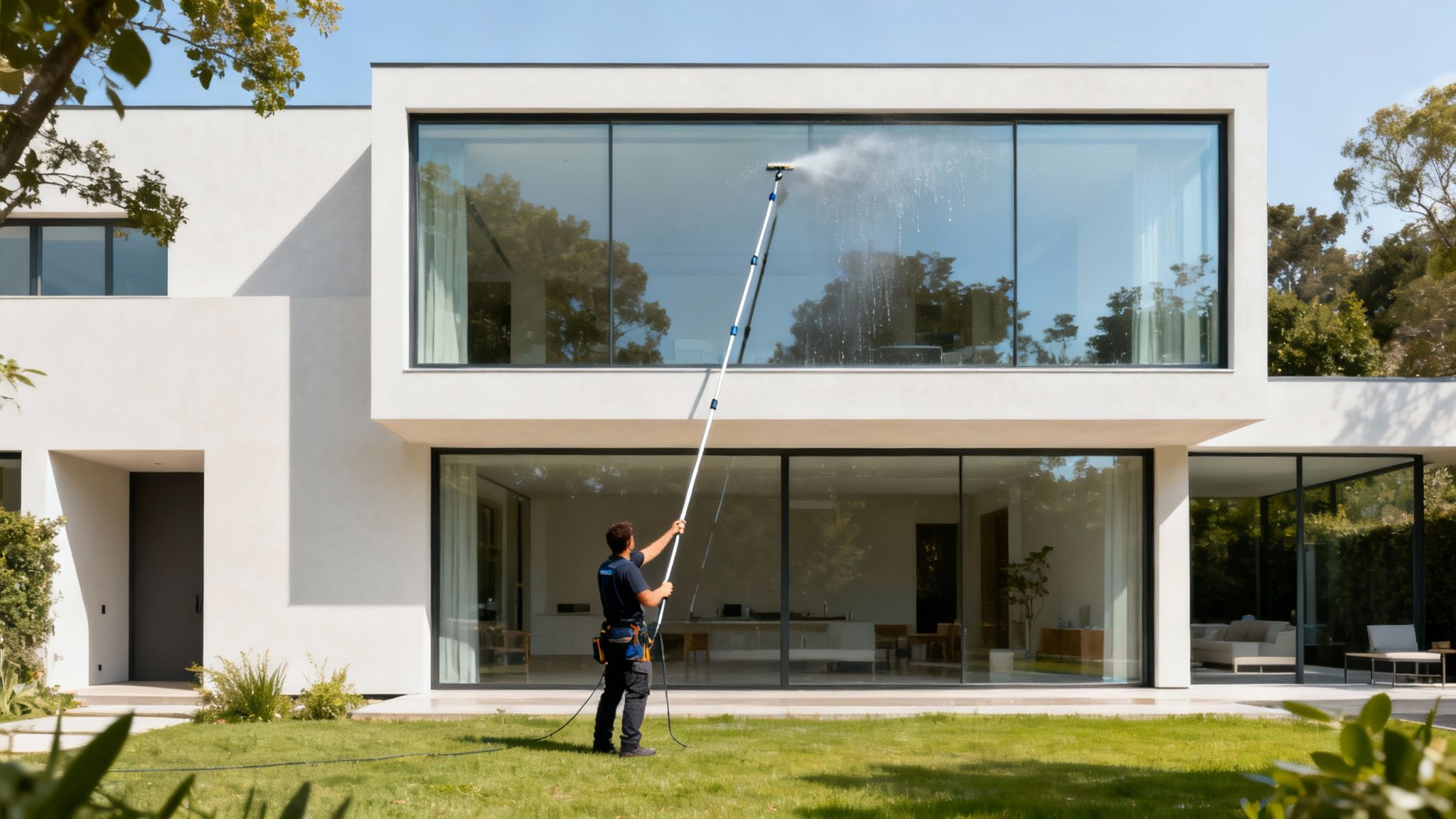 A window cleaner using a water-fed pole with purified water to clean high windows on a modern building.