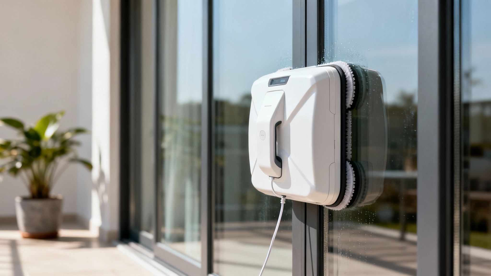 A robotic window cleaner attached to a large, sunny window, cleaning the glass autonomously.