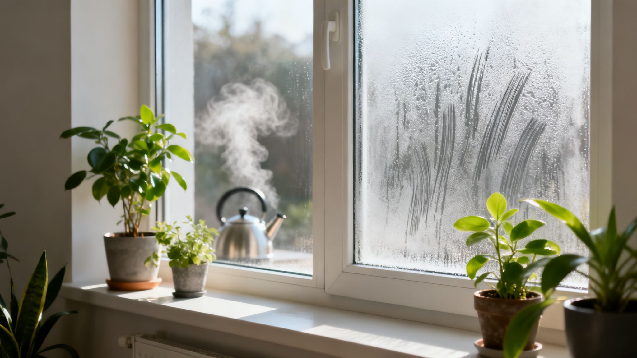 Potted plants on a sunlit window sill with a steaming kettle and a condensed, foggy window pane.
