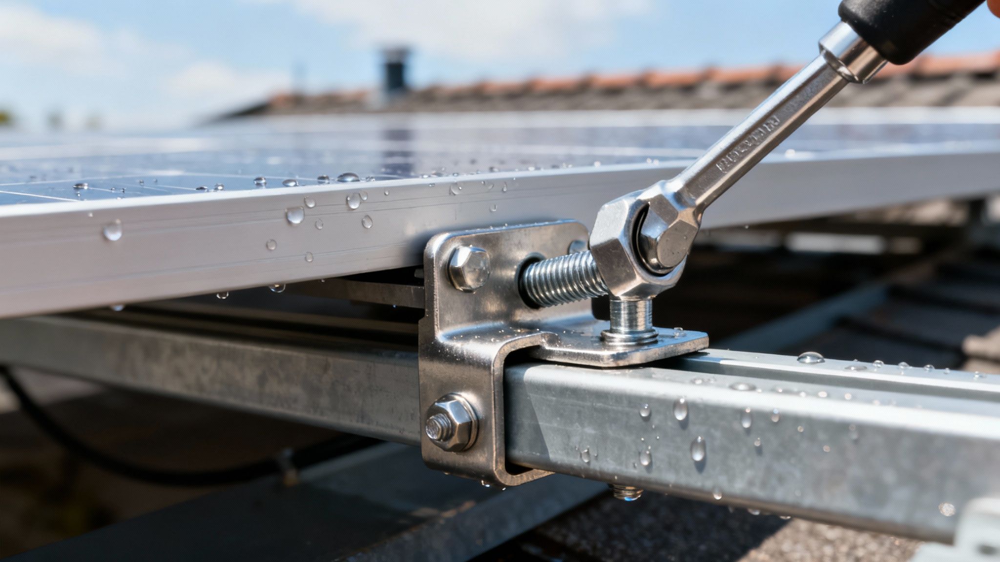 Torque wrench tightening stainless steel clamp securing solar panel frame during rooftop maintenance