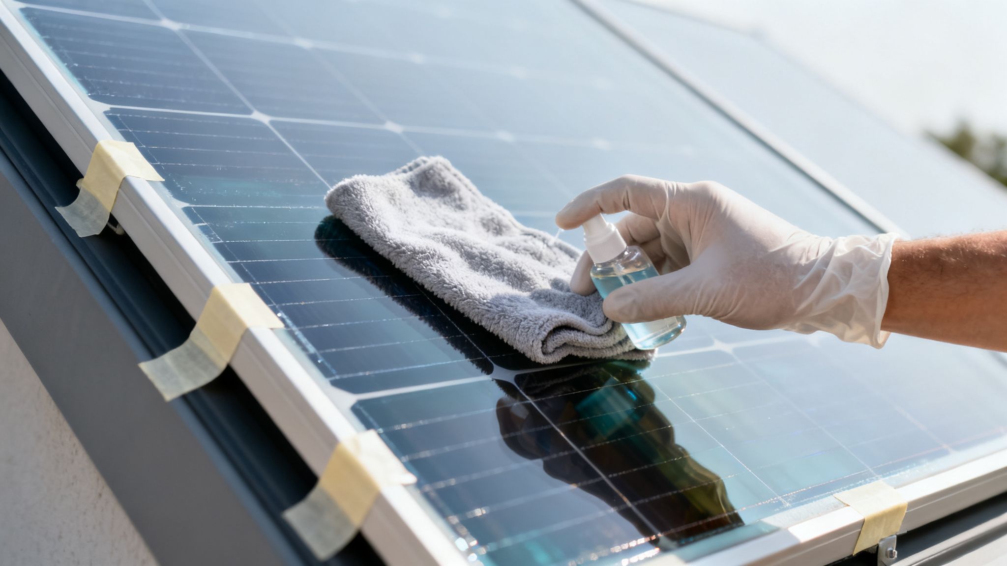 A gloved hand cleaning a solar panel with a spray bottle and a soft grey cloth.