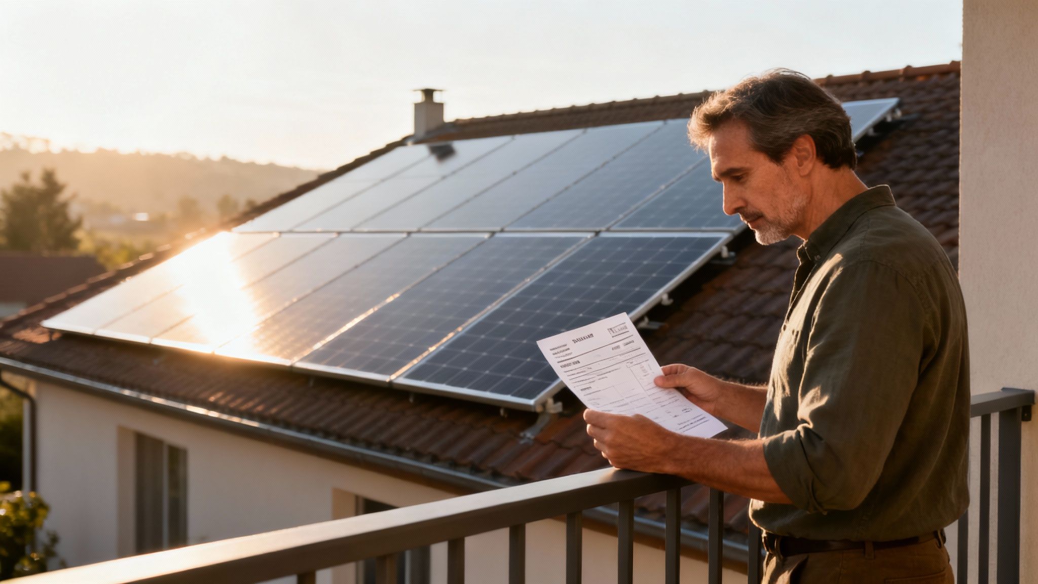 Man on a balcony reading an energy bill with solar panels on the house roof at sunset.