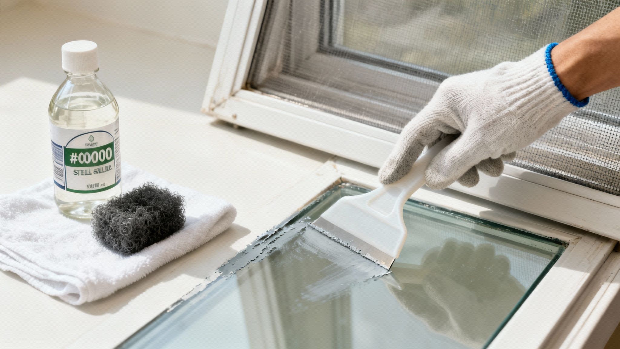 Person in a glove scraping residue from a window pane with a tool, next to a bottle of steel wool.