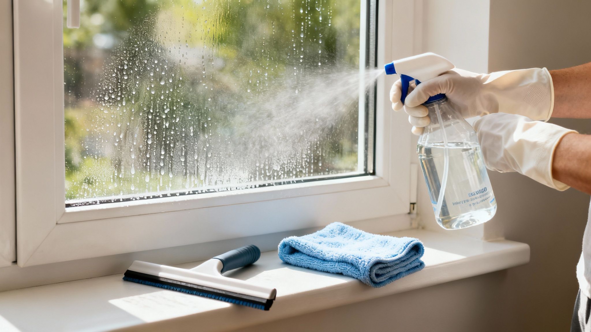 Hands in gloves spray cleaner on a window with water droplets, beside a squeegee and cloth.