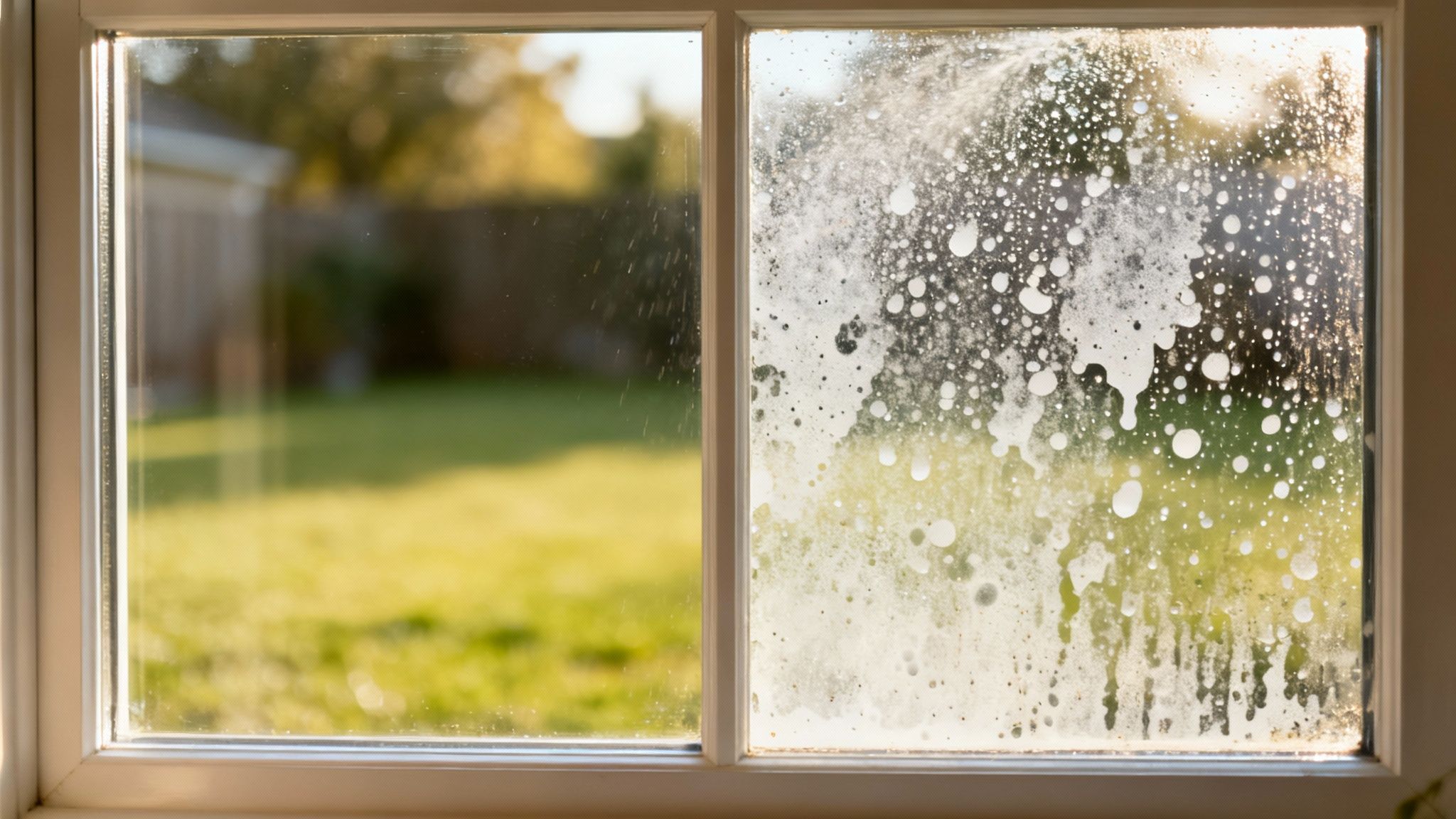 Water spots and mineral deposits covering window glass pane with blurred outdoor view