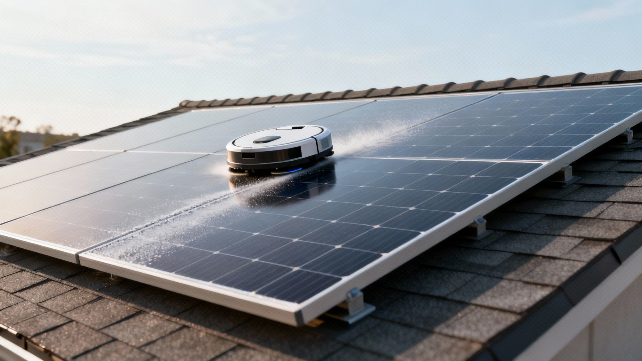 Robotic cleaners moving across a large solar farm.