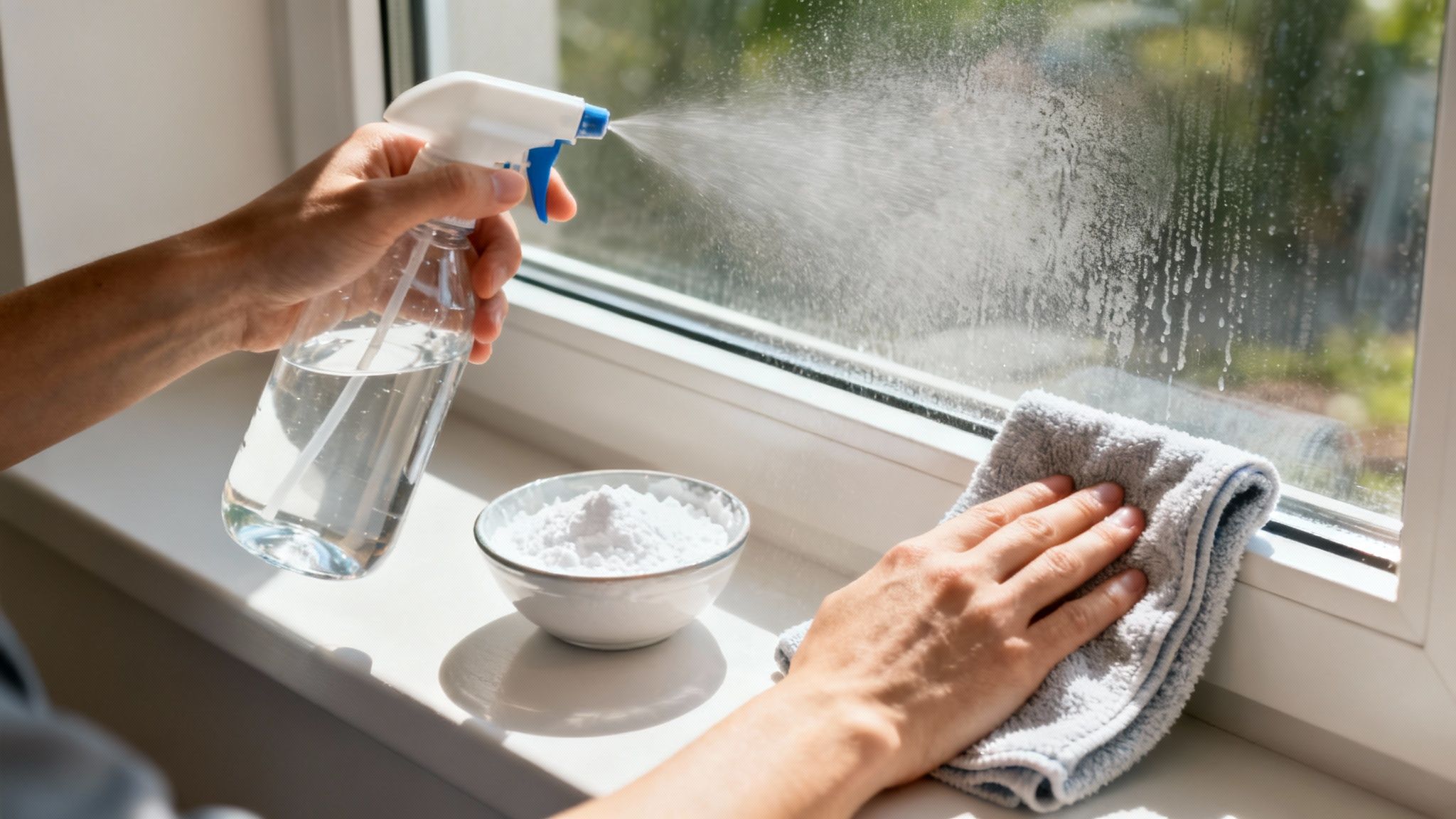 A person spraying a window with a cleaning solution from a spray bottle.