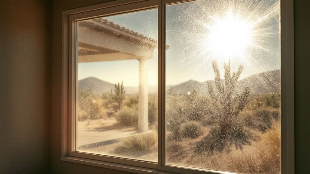 A professional window cleaner uses a squeegee to clean a large window on a modern Phoenix home, with the desert landscape visible outside.
