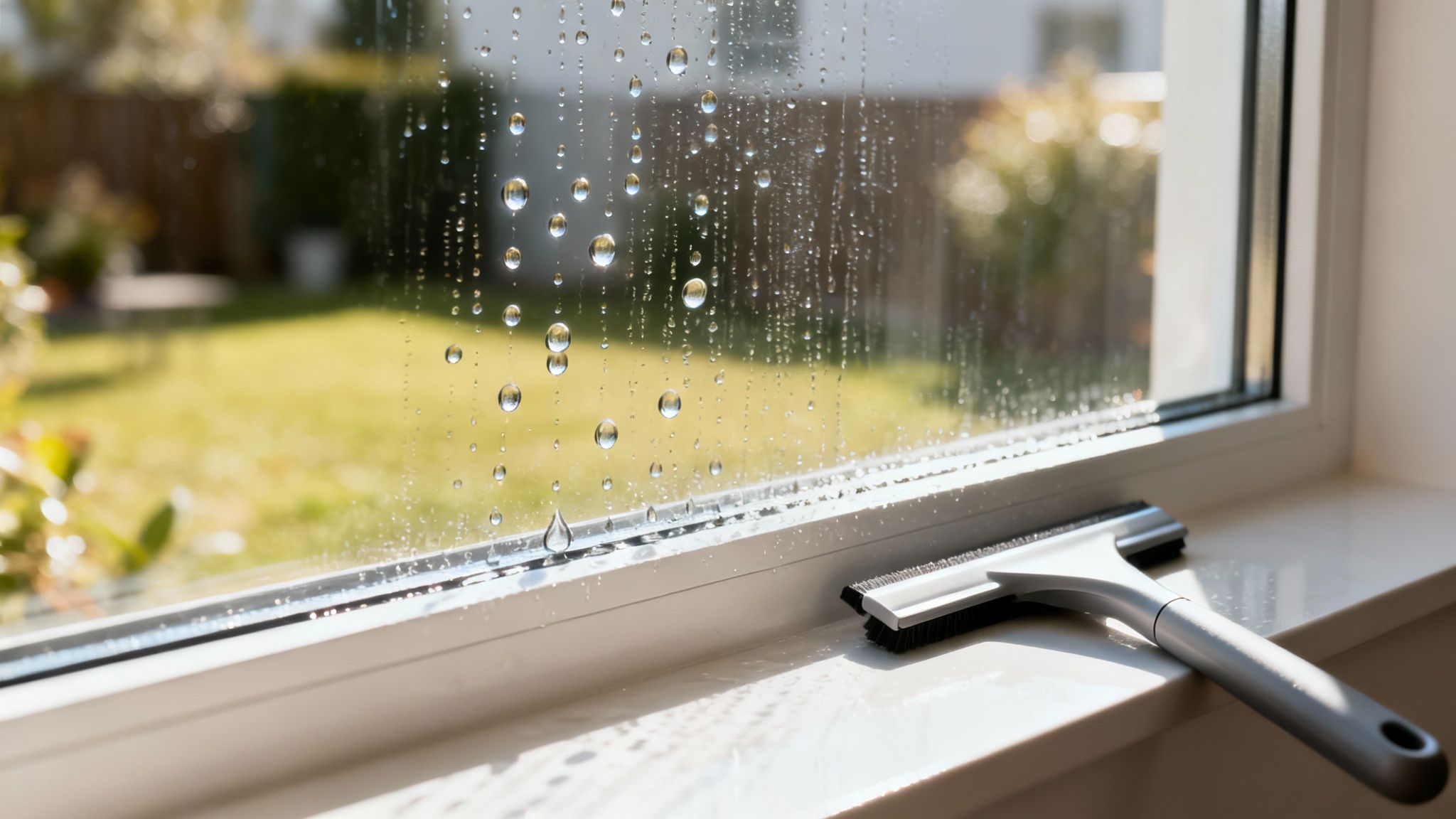 A squeegee rests on a white windowsill next to a window covered in water droplets with a green garden visible outside.