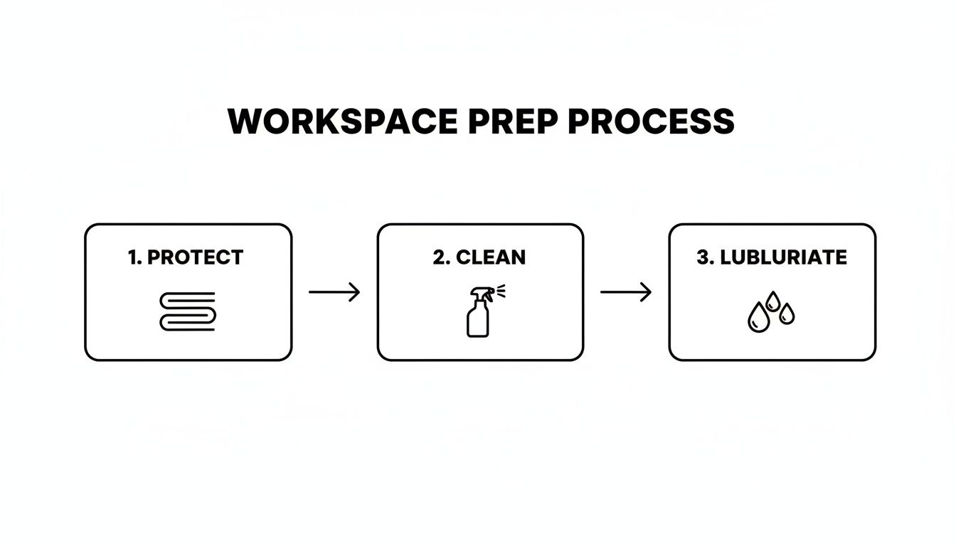 A three-step diagram illustrates the workspace preparation process: protect with a towel, clean with a spray, and lubricate with drops.