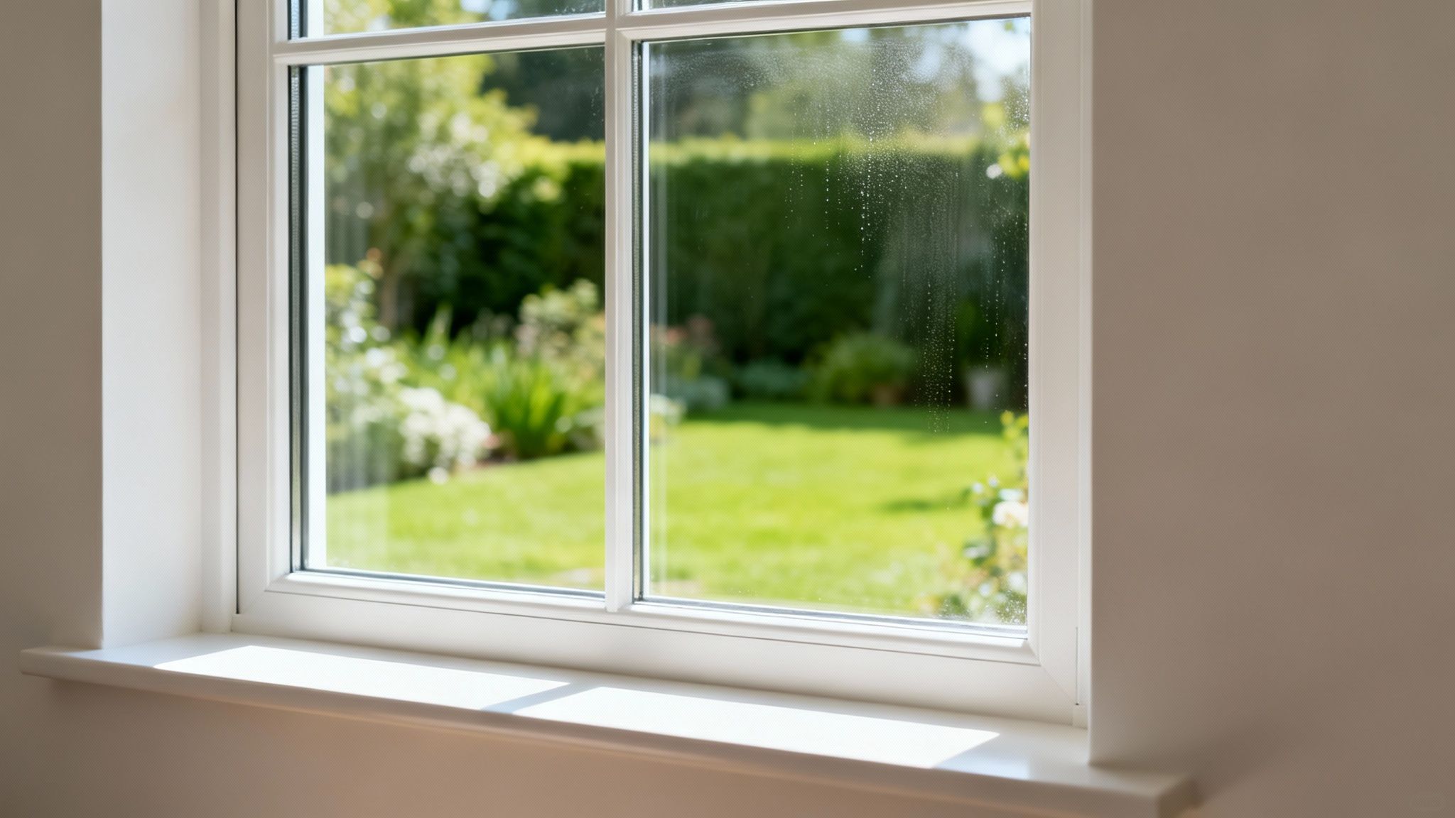 White framed window looking out onto a vibrant green garden on a sunny day with slight condensation.
