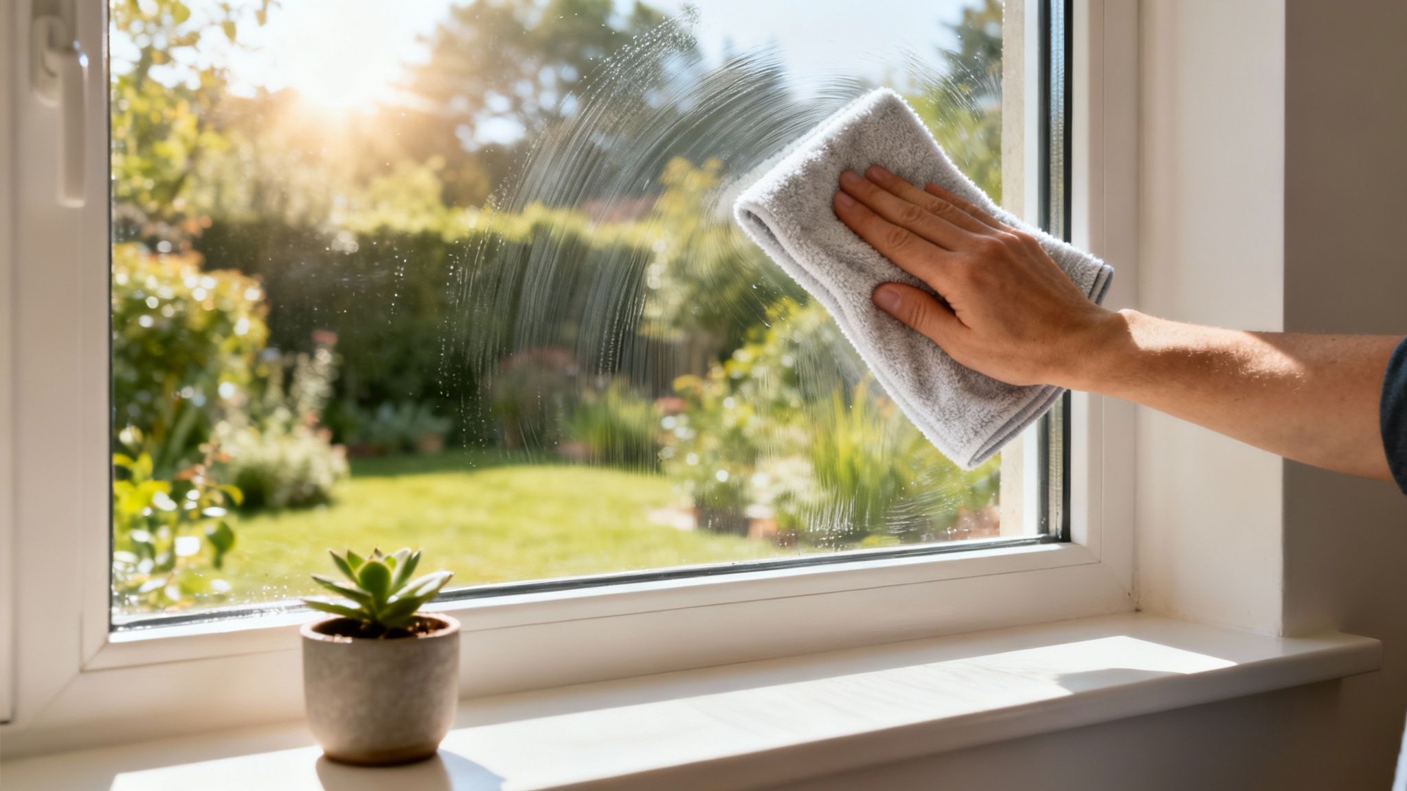 A hand cleaning a window with a grey cloth, with a sunny garden visible outside.