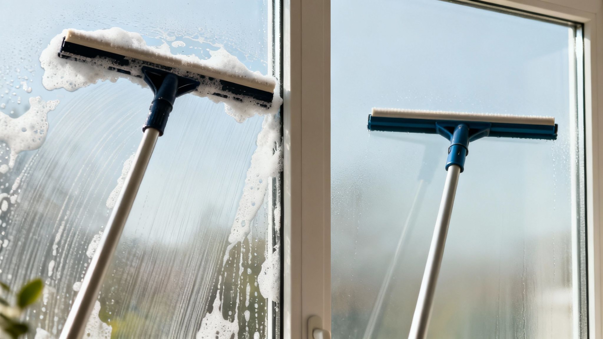 Two windows side-by-side, one cleaned with pure water showing a flawless shine, and the other with traditional methods showing streaks and residue.