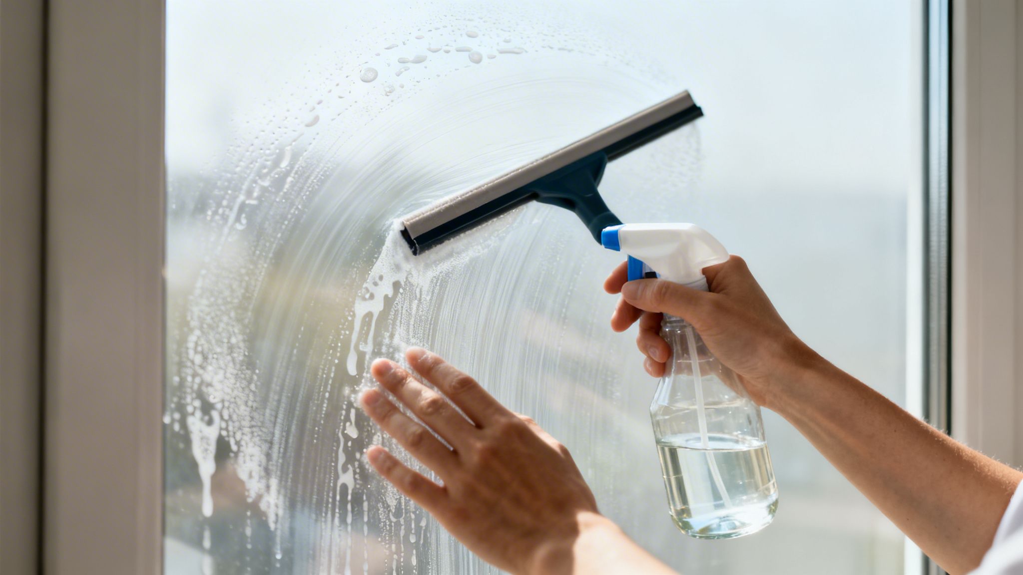 Close-up of hands cleaning a window with a squeegee, spray bottle, and soapy water.
