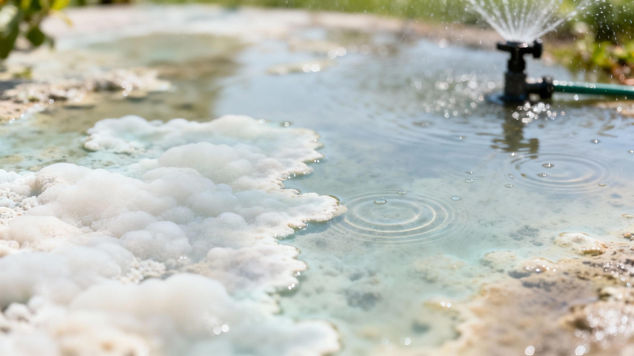 Water sprinkler creating ripples and droplets on soapy water surface with foam buildup