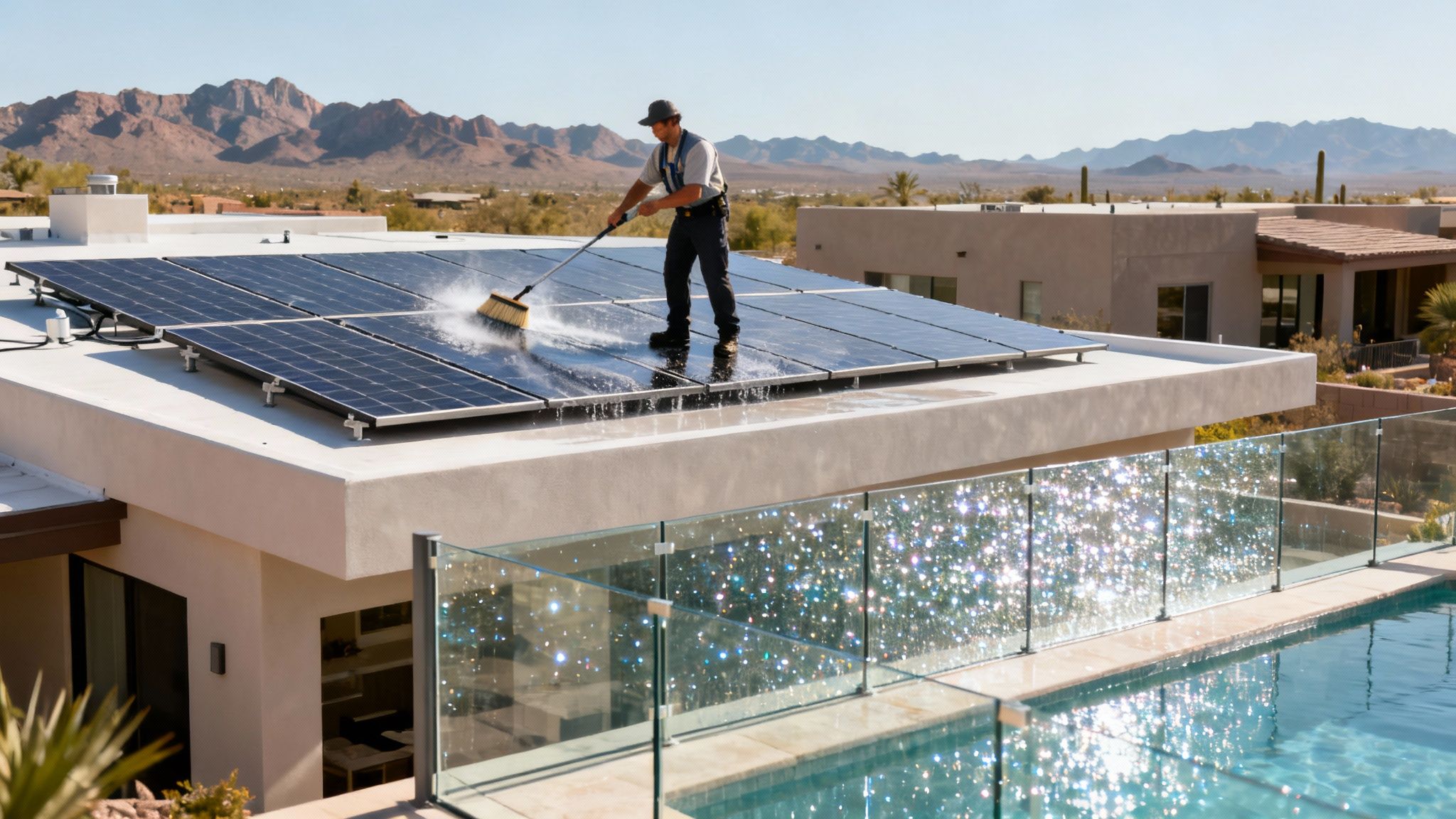 Man cleaning rooftop solar panels on a modern house with a pool and mountains.