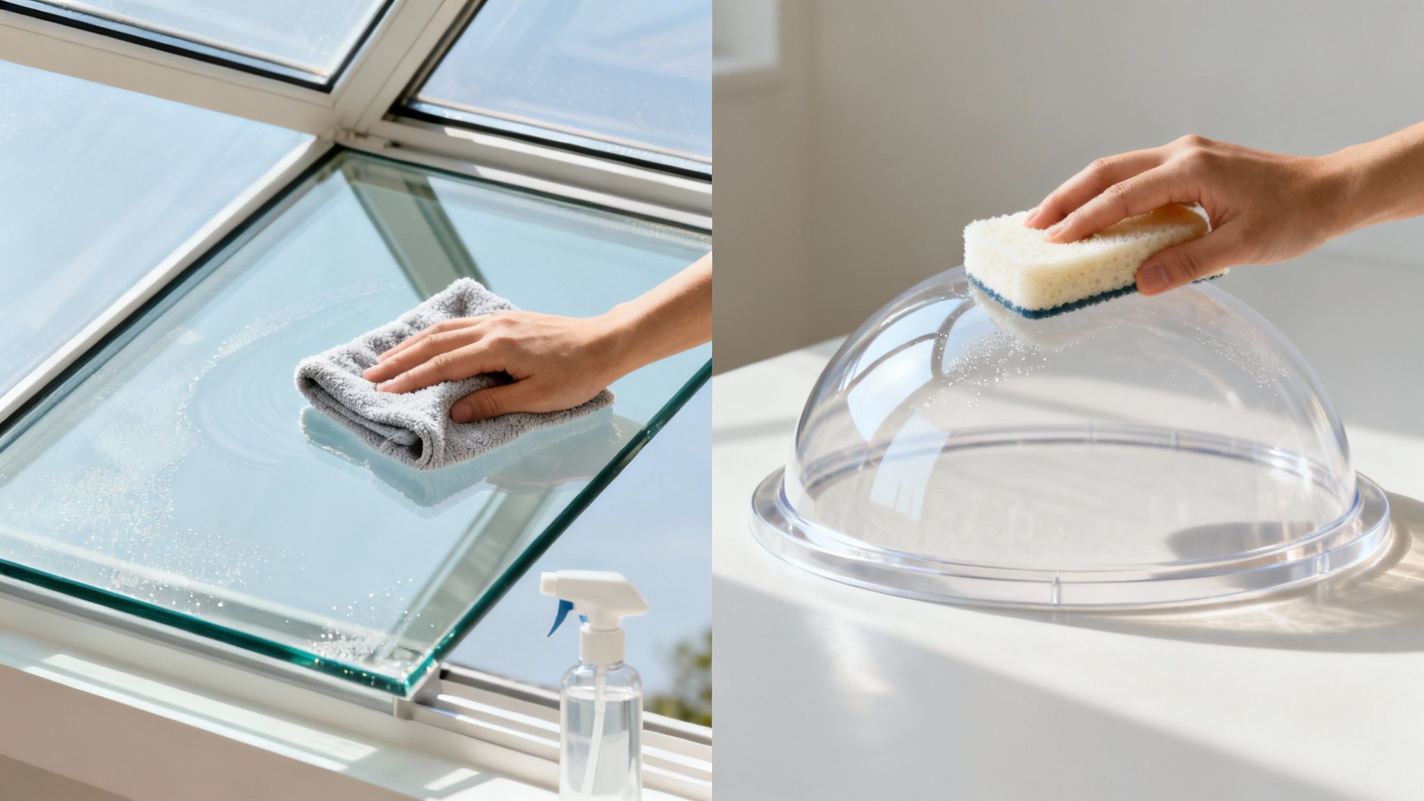 Hands cleaning a glass skylight with a cloth and a clear dome with a sponge, demonstrating cleaning processes.