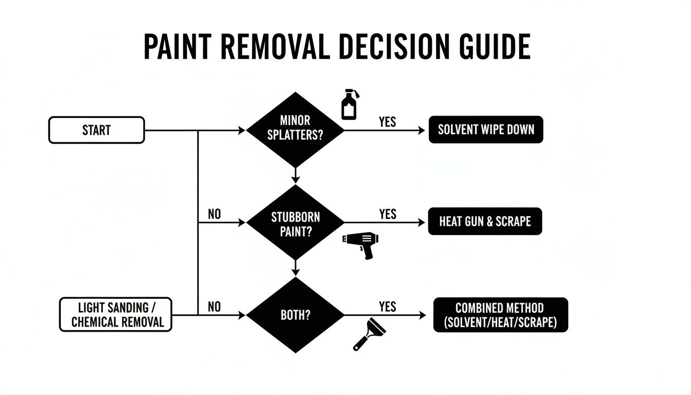 Flowchart detailing paint removal methods for minor splatters, stubborn paint, and combined scenarios.