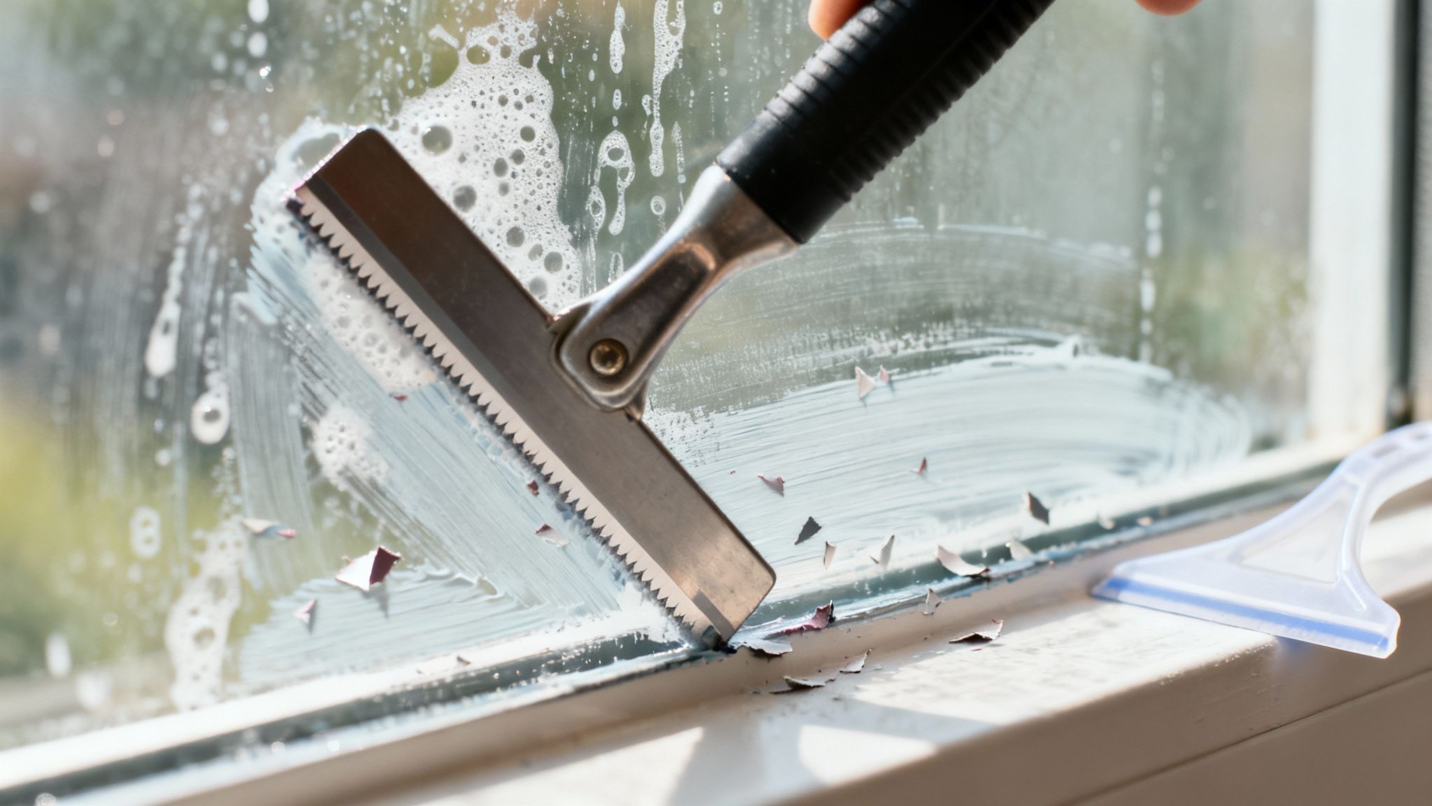 Close-up of a person using a scraper tool to remove old paint or film from a soapy window.