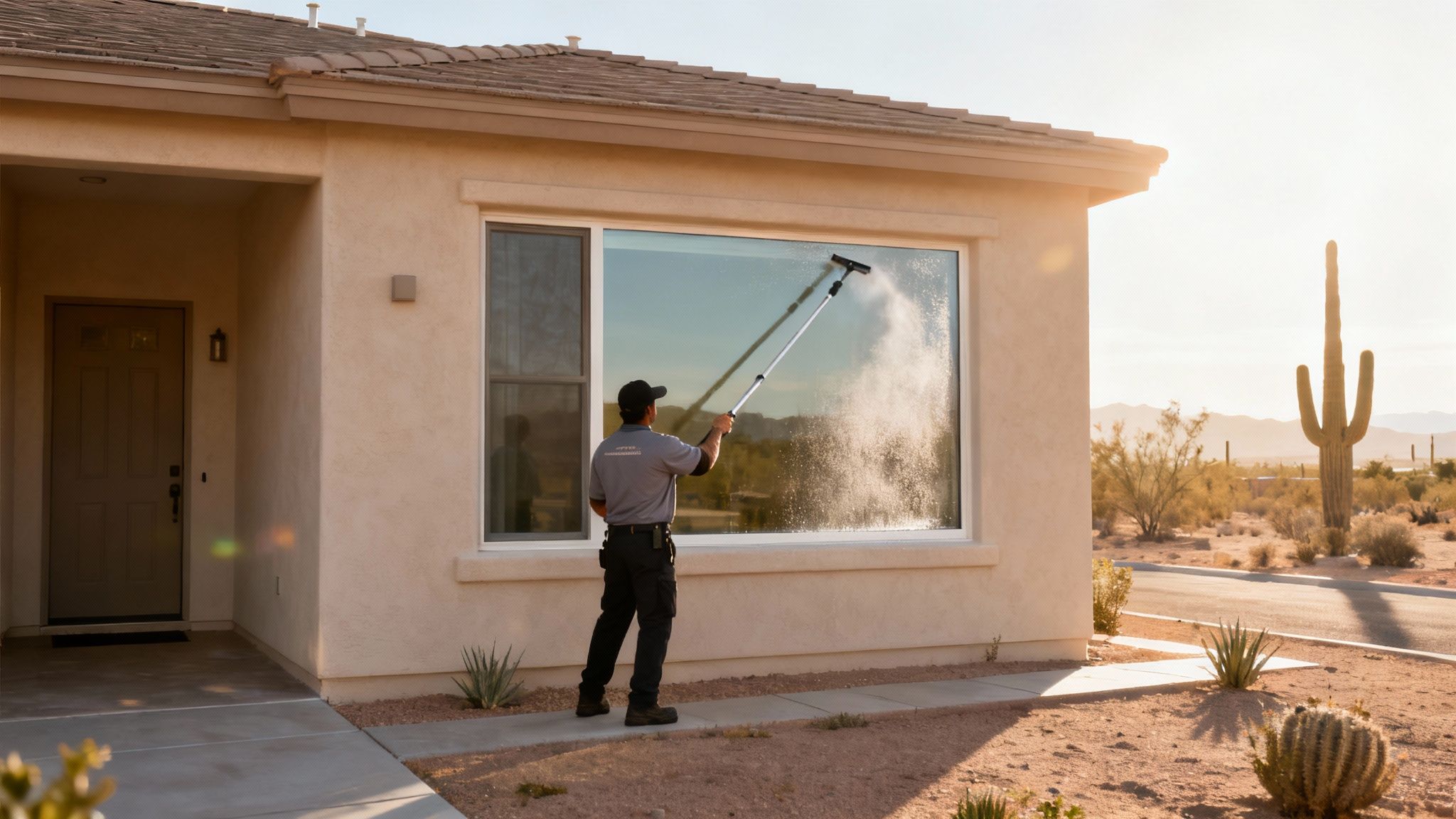 A professional window cleaner uses a water-fed pole to wash a house's exterior window.