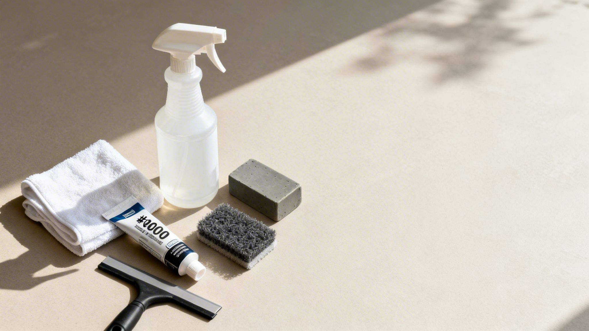 Cleaning supplies laid out: spray bottle, white towel, polishing paste, squeegee, and sponges on a beige surface.