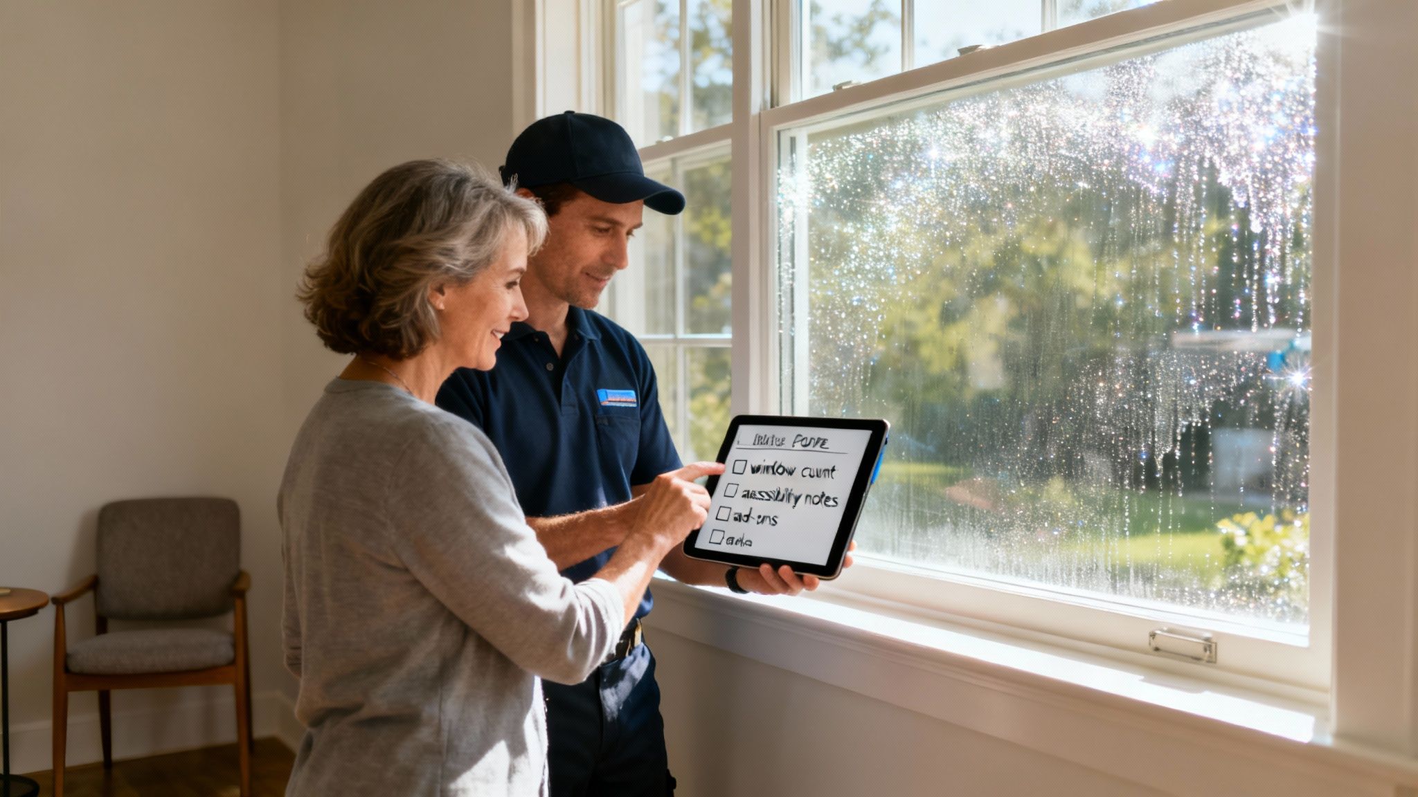 A professional window cleaner working on a residential window