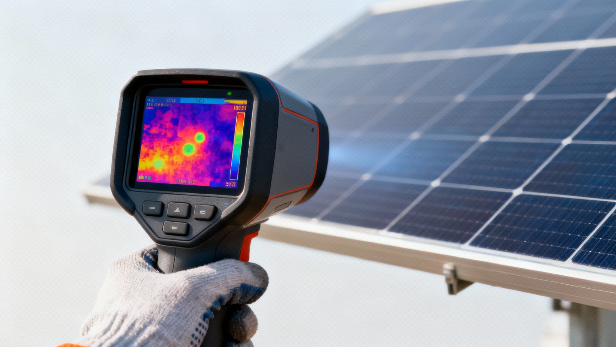 Thermal imaging camera inspecting solar panel array for hot spots and maintenance issues