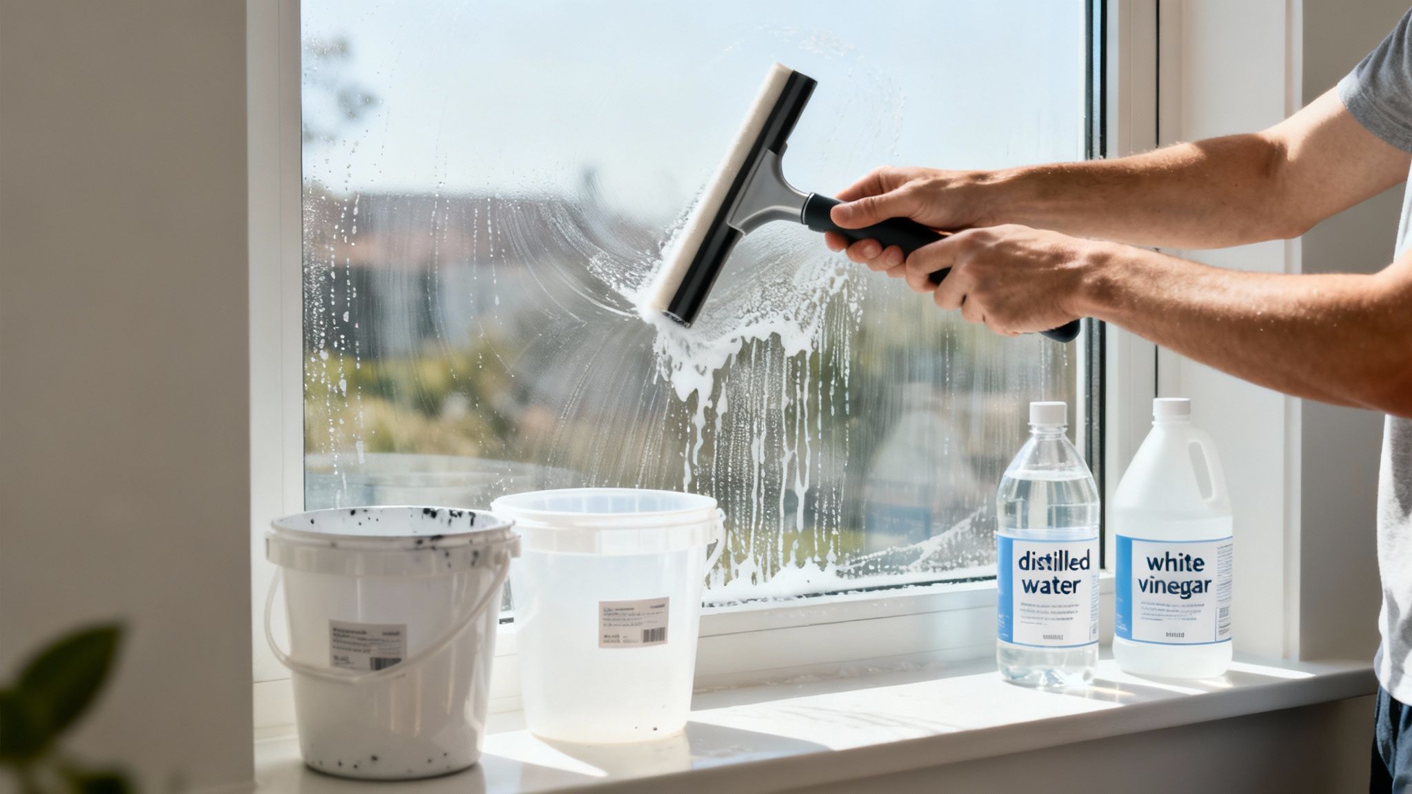 A person cleans a window with a squeegee, with buckets, distilled water, and white vinegar nearby.