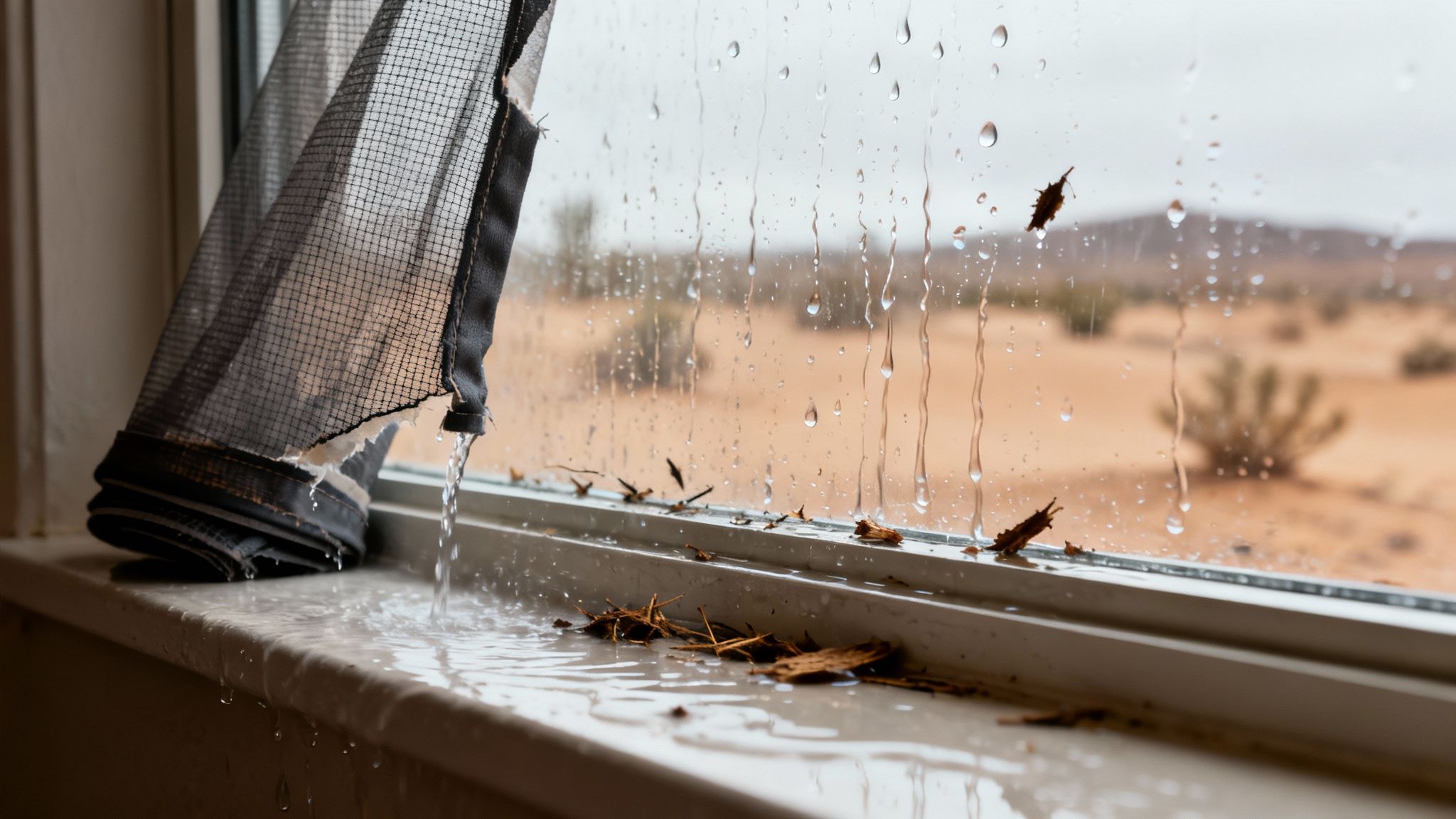 Rainwater floods a windowsill through a torn window screen during a desert storm, with debris.