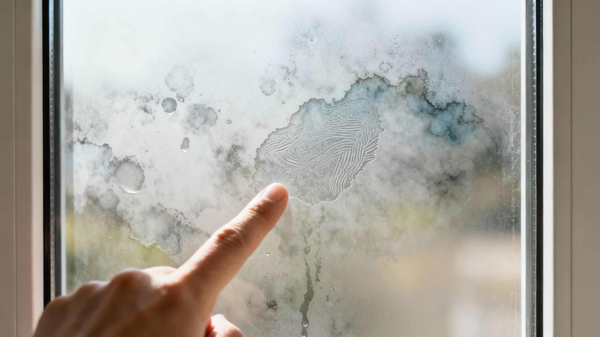 A close-up of a window with visible hard water stains and mineral buildup.