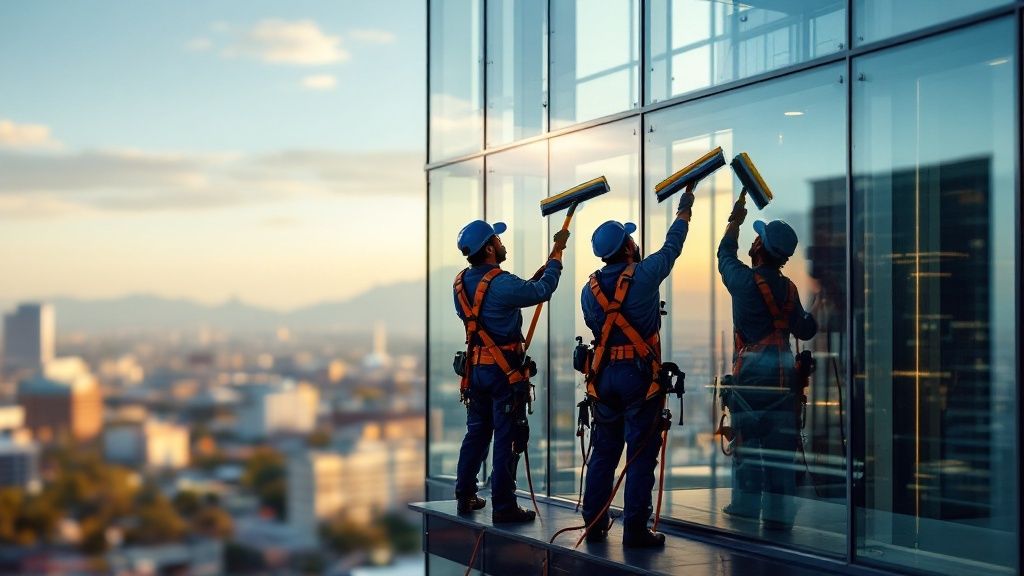 Technician using professional tools to clean a window pane thoroughly