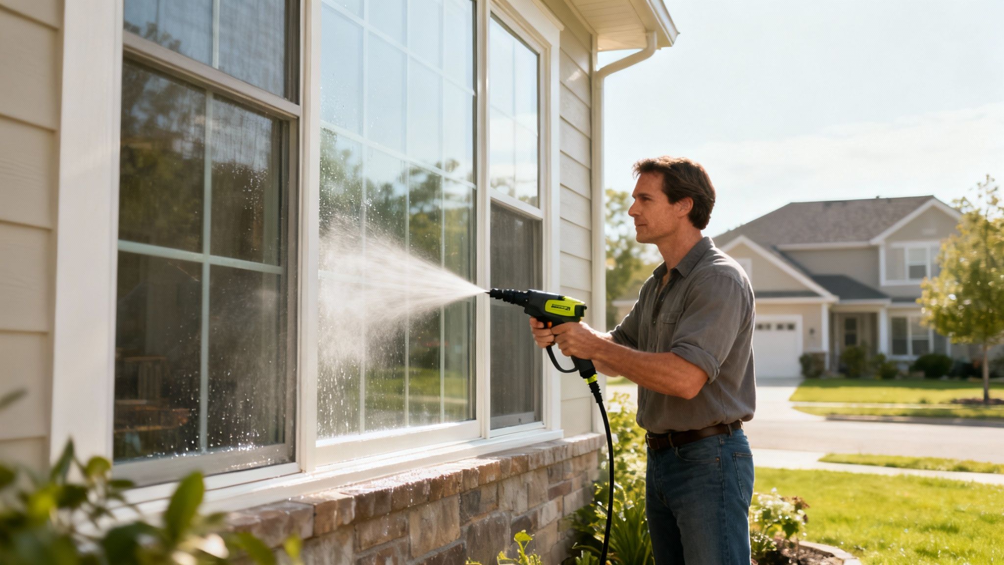 A person pressure washing a large window on a modern house