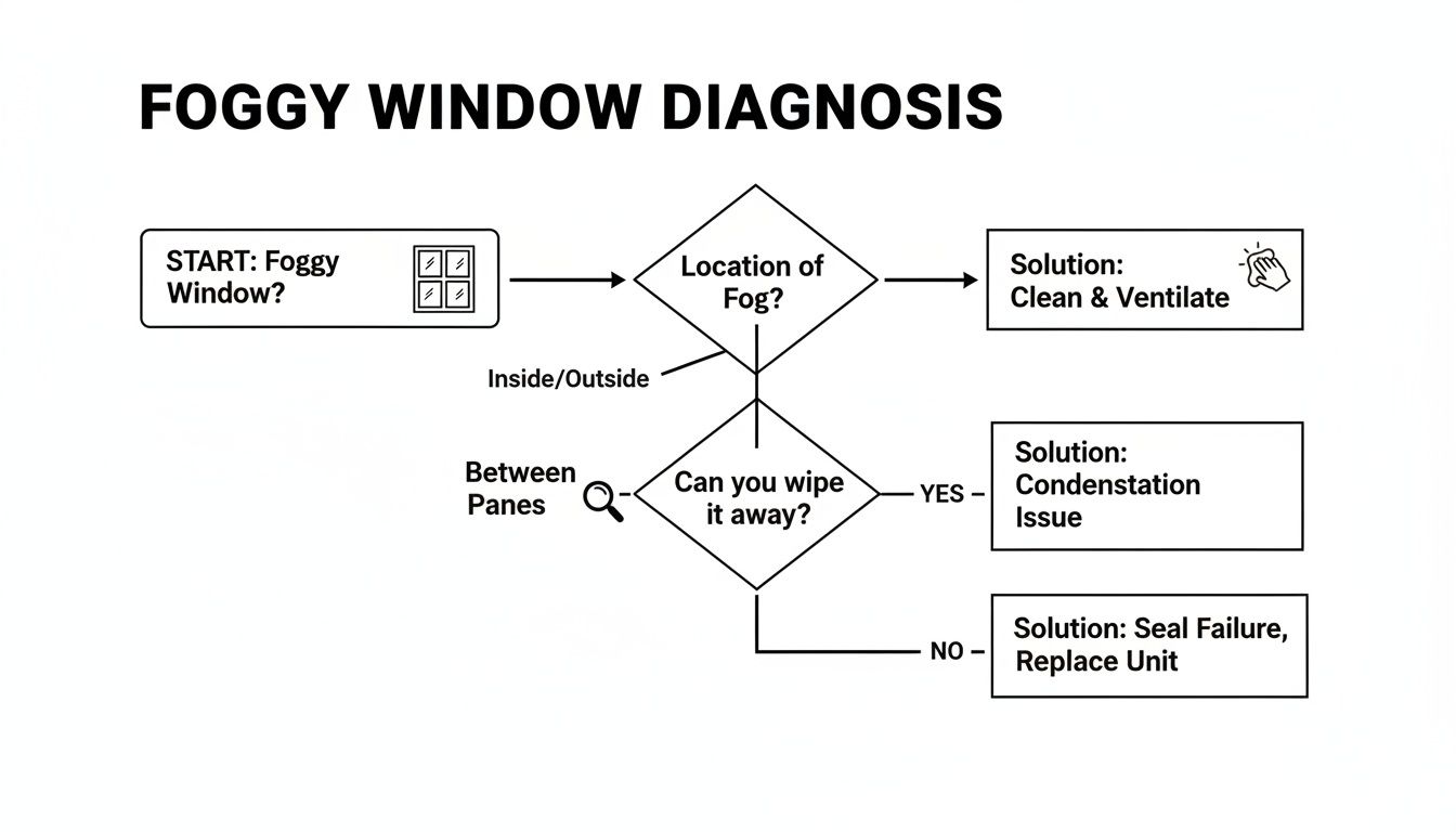 A flowchart diagnosing foggy windows based on fog location and wipe-ability, providing solutions like cleaning, ventilation, or replacement.