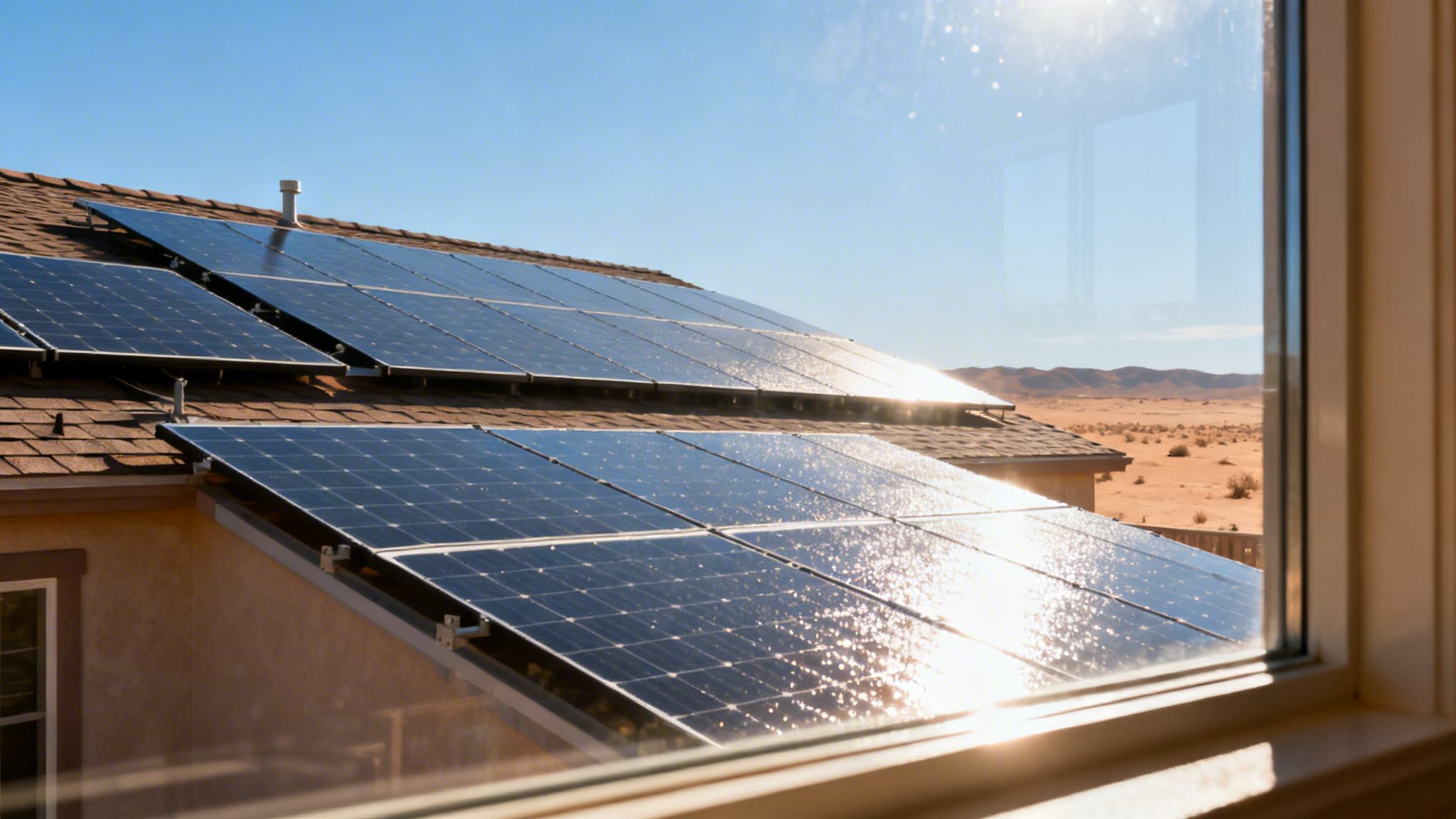 Solar panels on a house roof overlooking a sunny desert landscape, viewed through a window.
