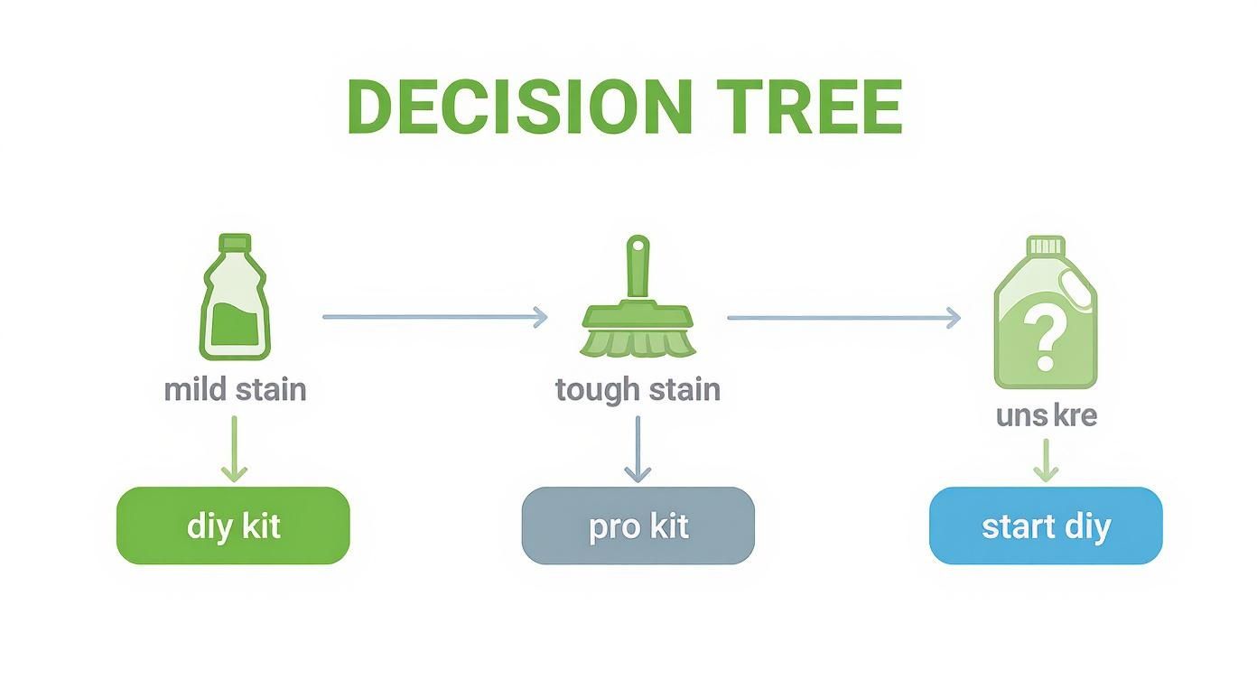 Infographic decision tree for removing water stains on windows, showing paths for mild, tough, or unsure stain levels.
