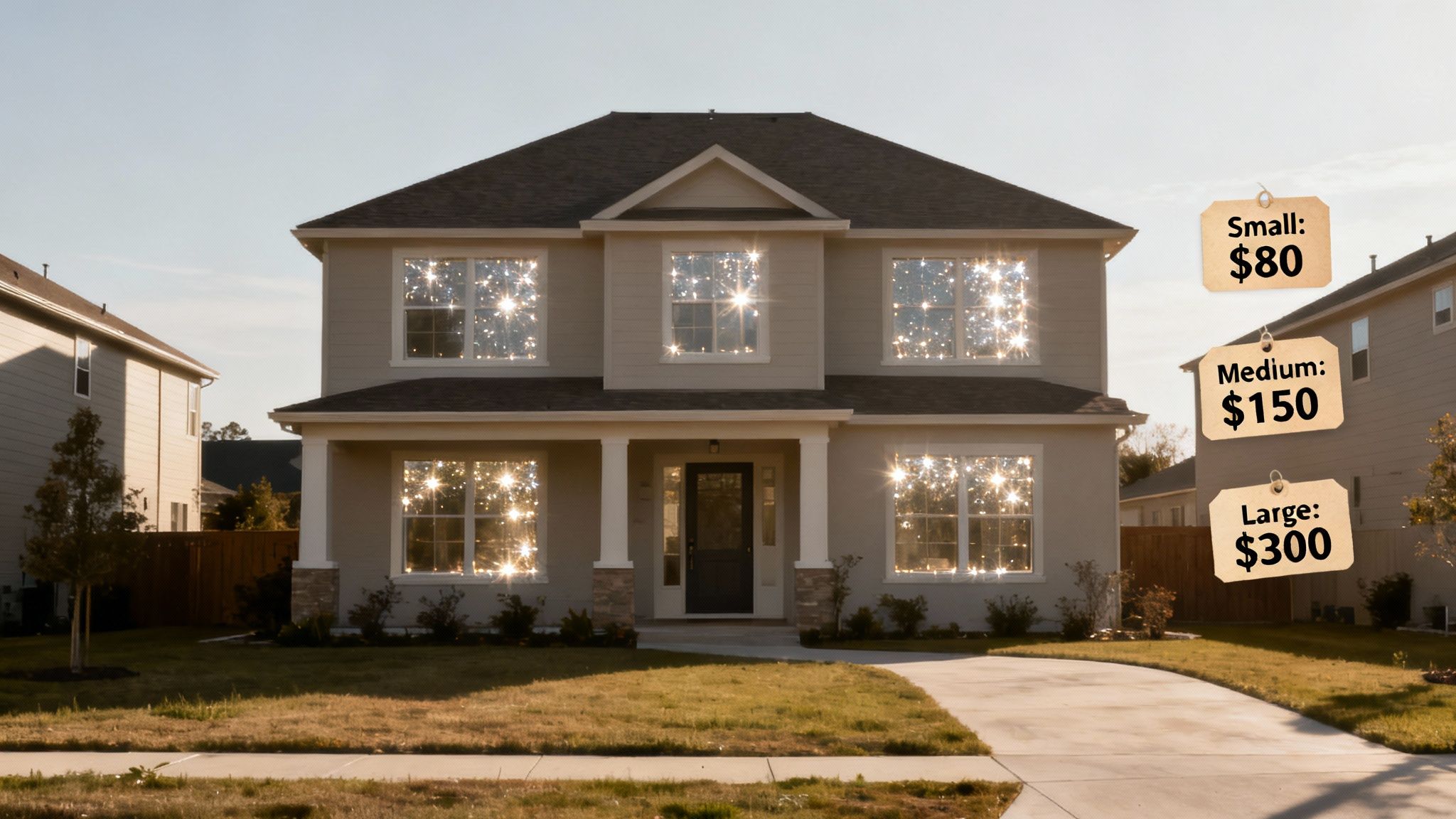 A modern two-story house with sparkling clean windows and price tags for cleaning services.