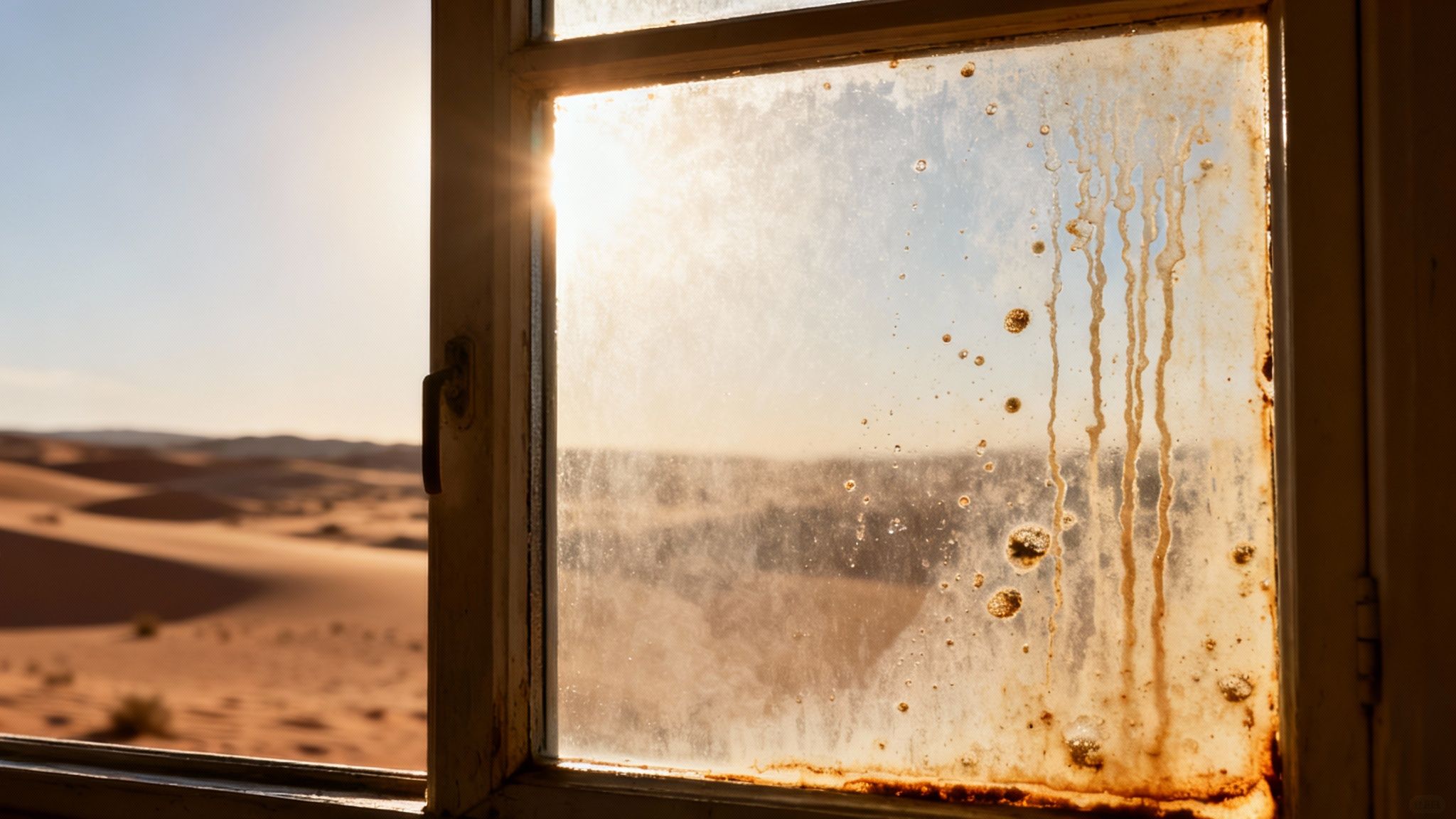 A dusty, dirty window with rusty streaks offers a view of sunlit desert dunes.