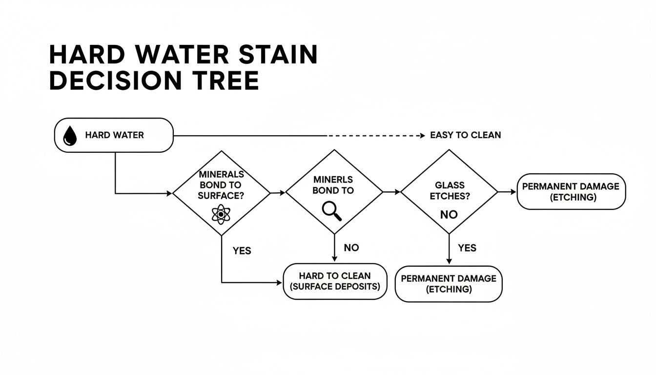 A decision tree flowchart explaining hard water stains, their cleanability, bonding to surfaces, and potential etching.