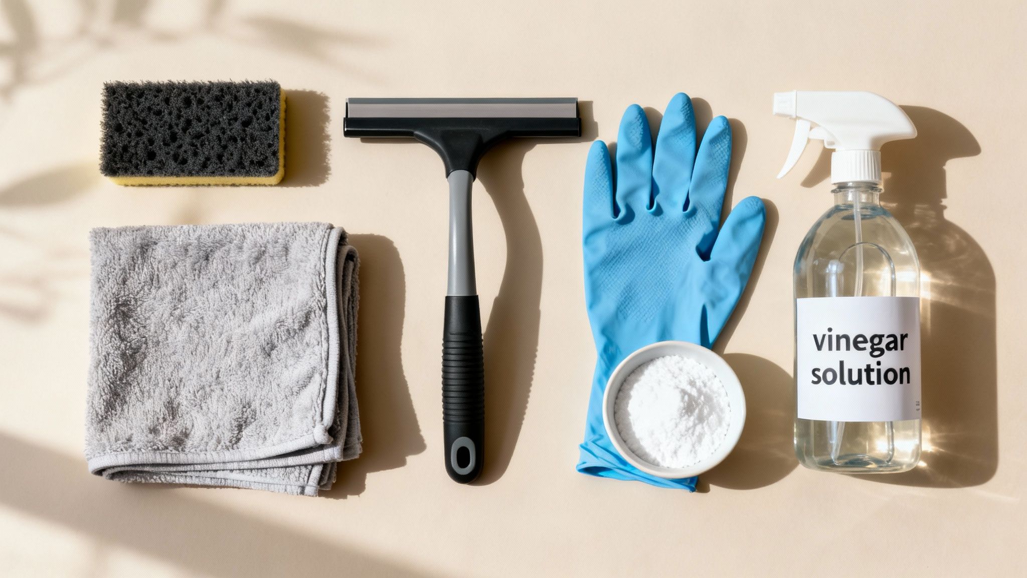 Flat lay of various cleaning supplies: sponge, towel, squeegee, gloves, powder, and vinegar spray.