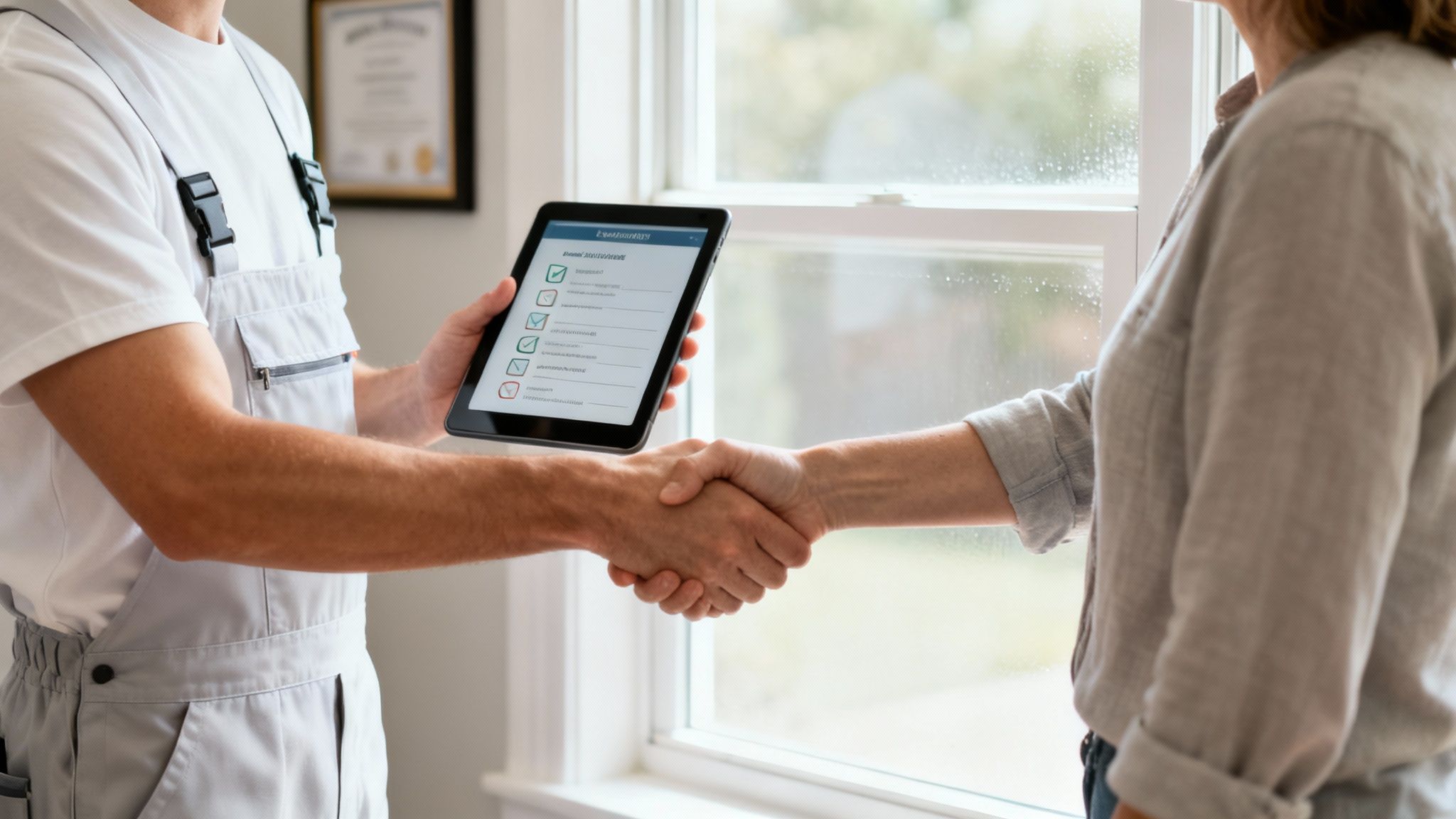 A worker in white overalls holds a tablet showing a checklist, shaking hands with a client near a window.